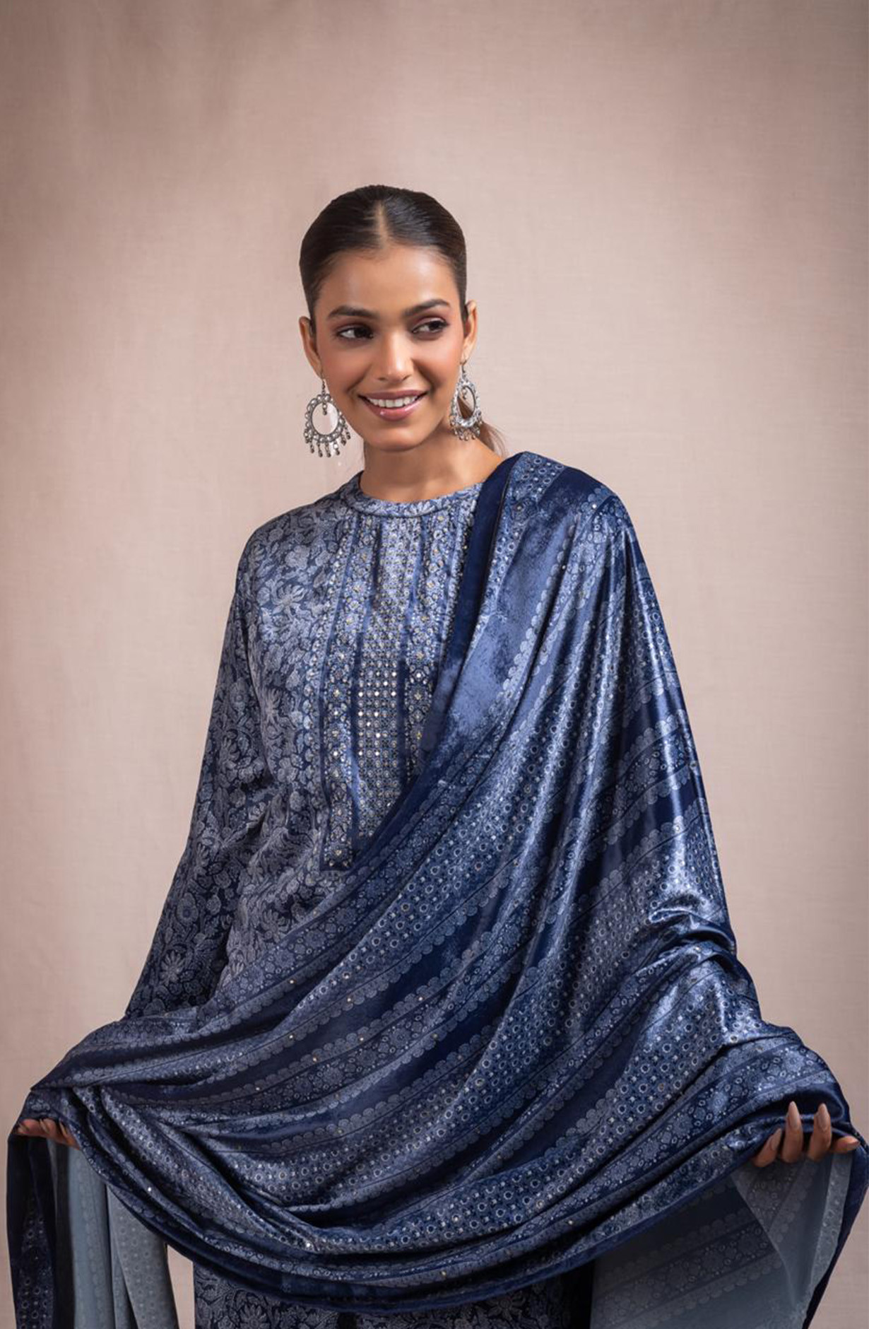 Blue Digital Printed Velvet Suit with Dupatta - ANO2116A