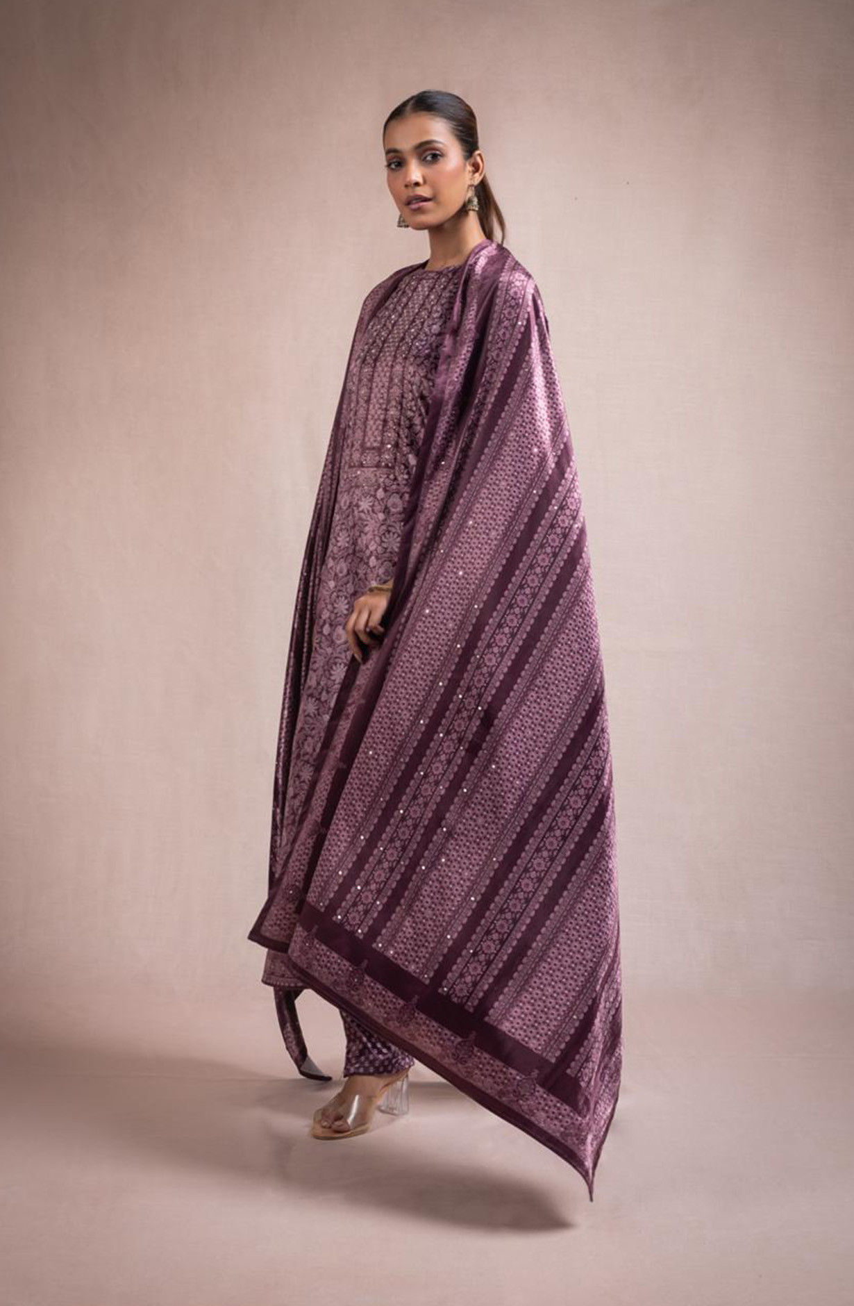 Mauve Digital Printed Velvet Suit with Dupatta - ANO2116C