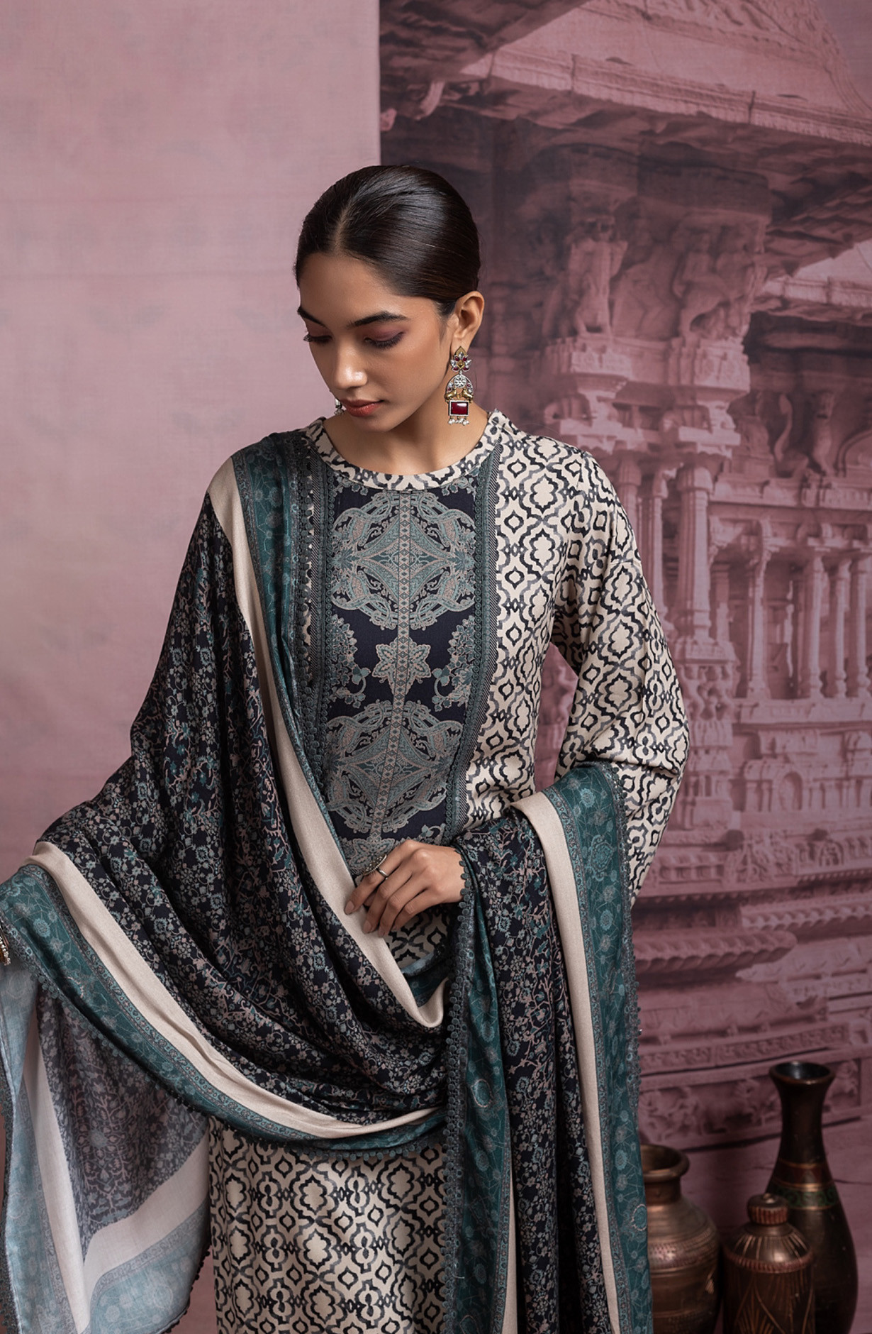 Green Pashmina Digital Printed Suit with Dupatta - FAS2035B