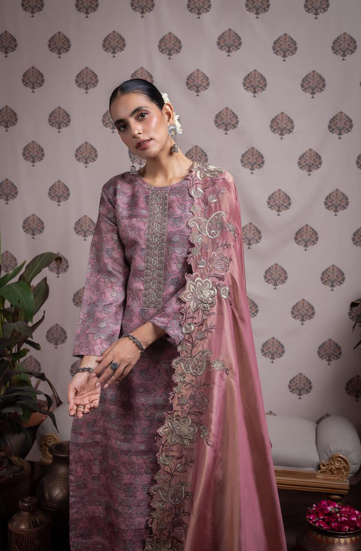 Mauve Silk Digital Prints Suit with Tissue Silk Dupatta - VID2102A