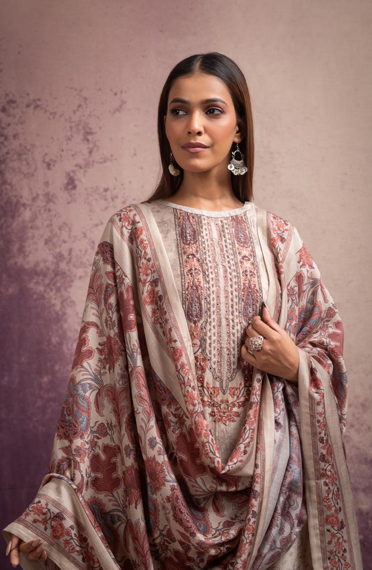 Brown Silk Digital Prints Suit with Pure Silk Dupatta - TOS2114A