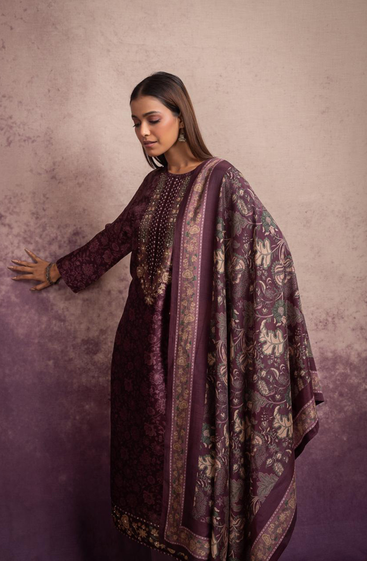 Wine Silk Digital Prints Suit with Pure Silk Dupatta - TOS2114B