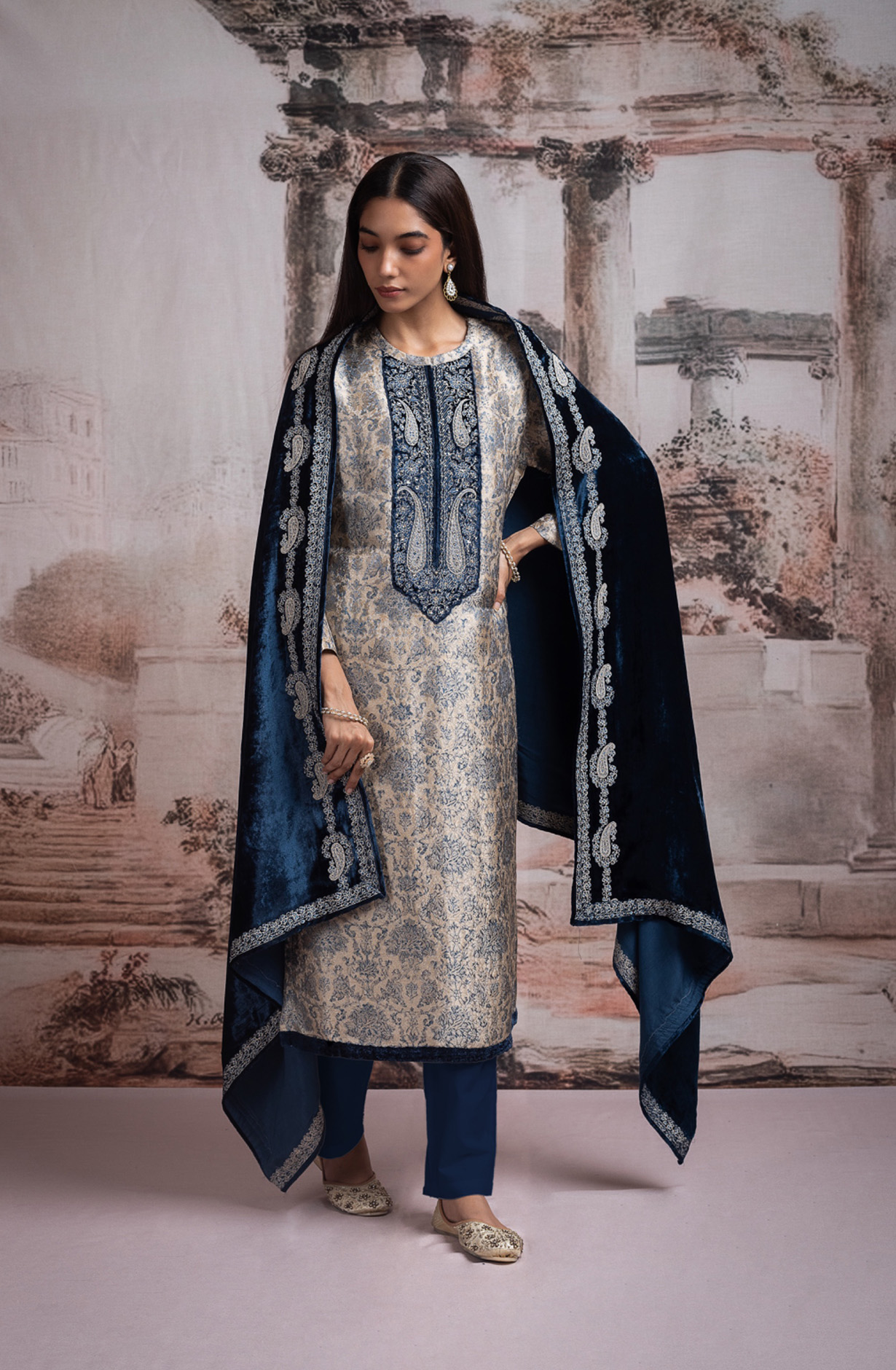 Blue Pashmina Suit set with Pashmina Dupatta - YOR2065A