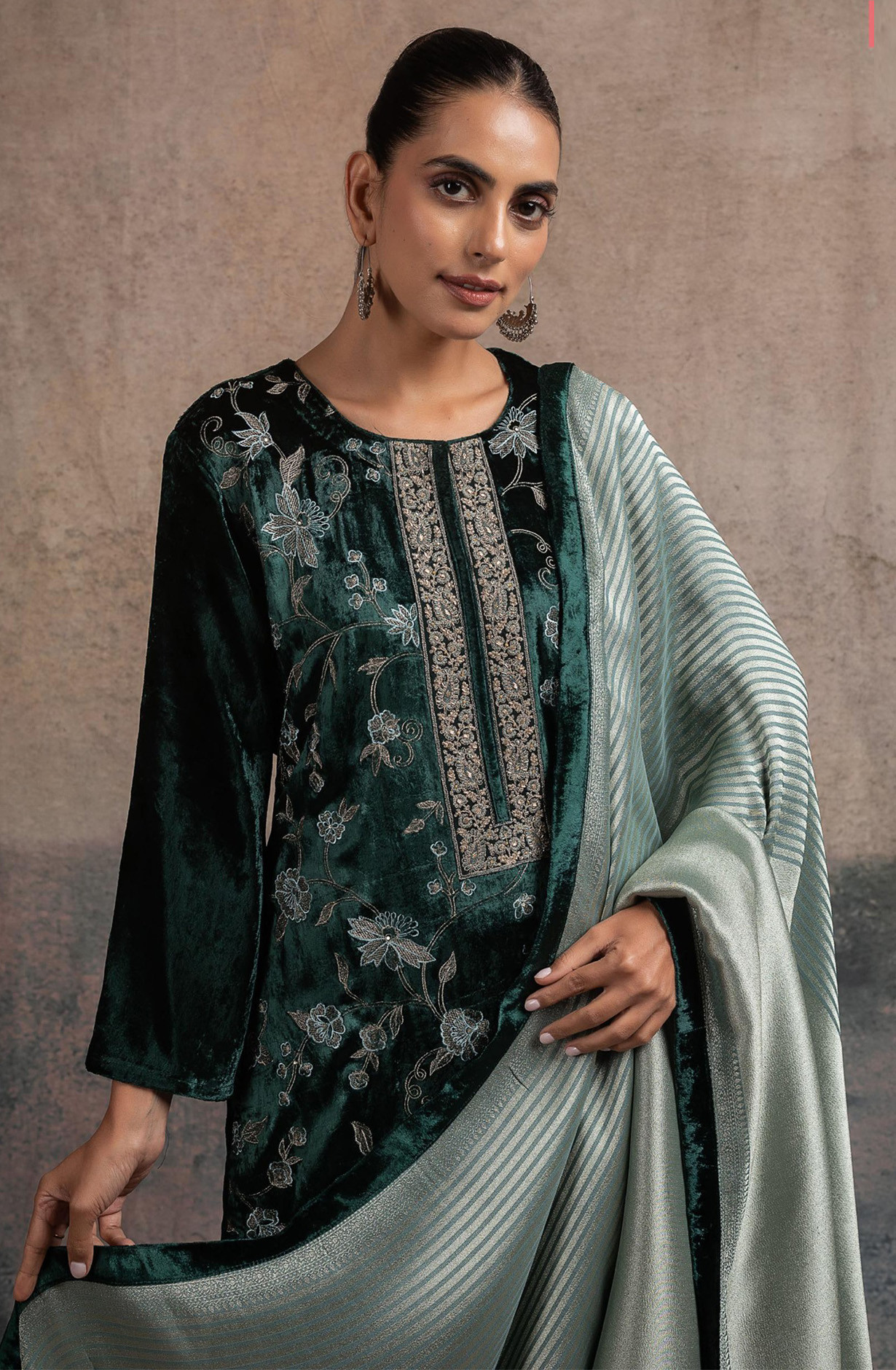 Bottle Green Velvet Suit Set with Silk Jacquard Dupatta - R157-SPR2522A