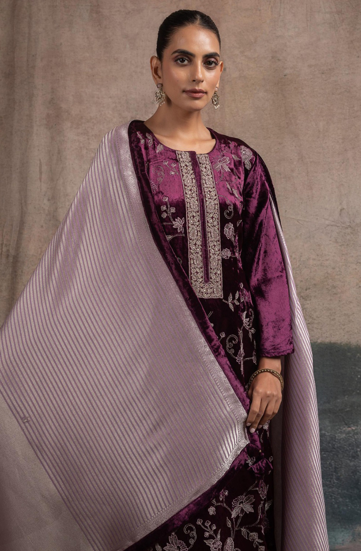 Wine Velvet Suit Set with Silk Jacquard Dupatta - R157-SPR2522B