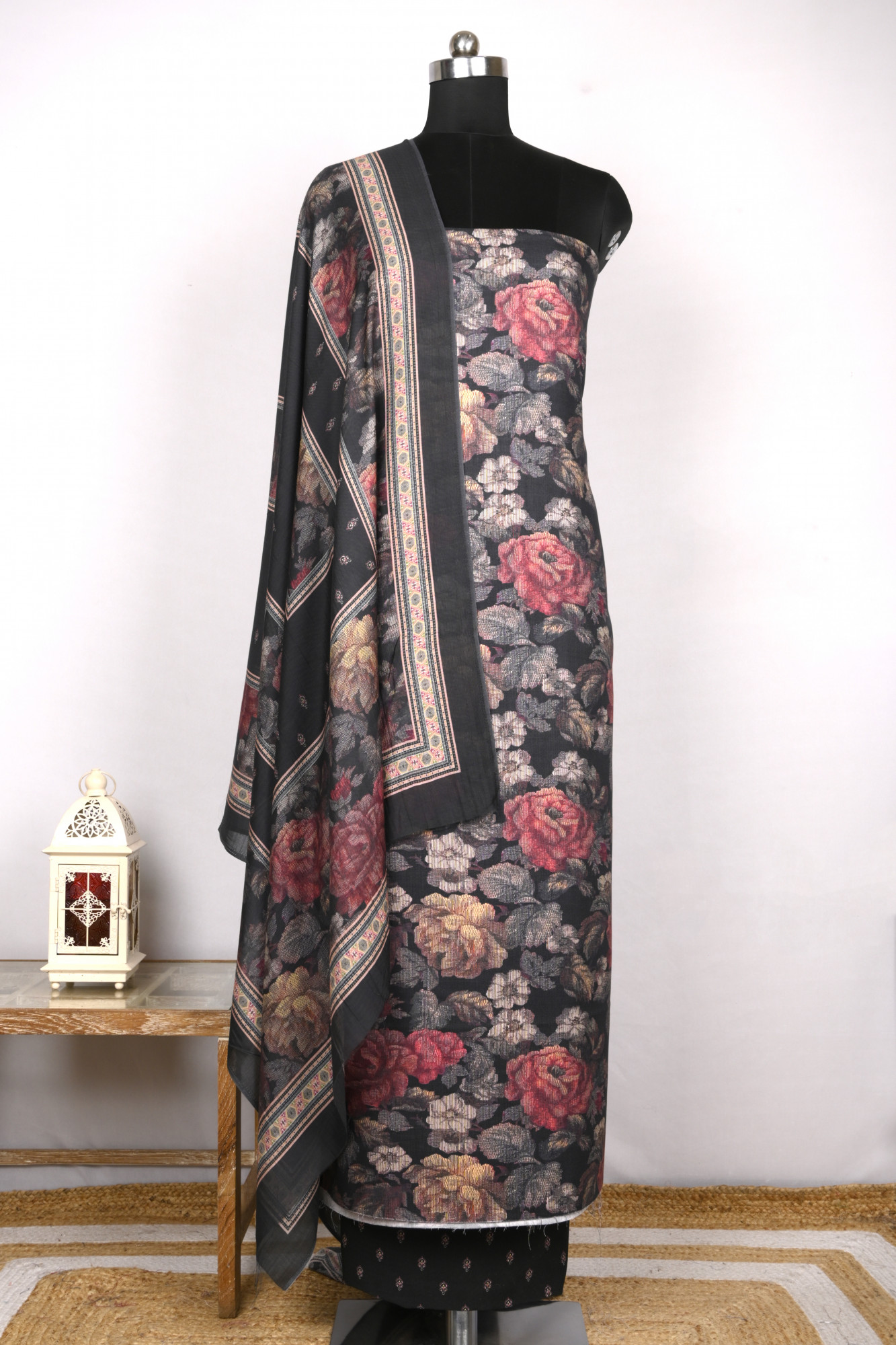 Black Digital Printed Spun Suit set with Spun Dupatta- VUN6875