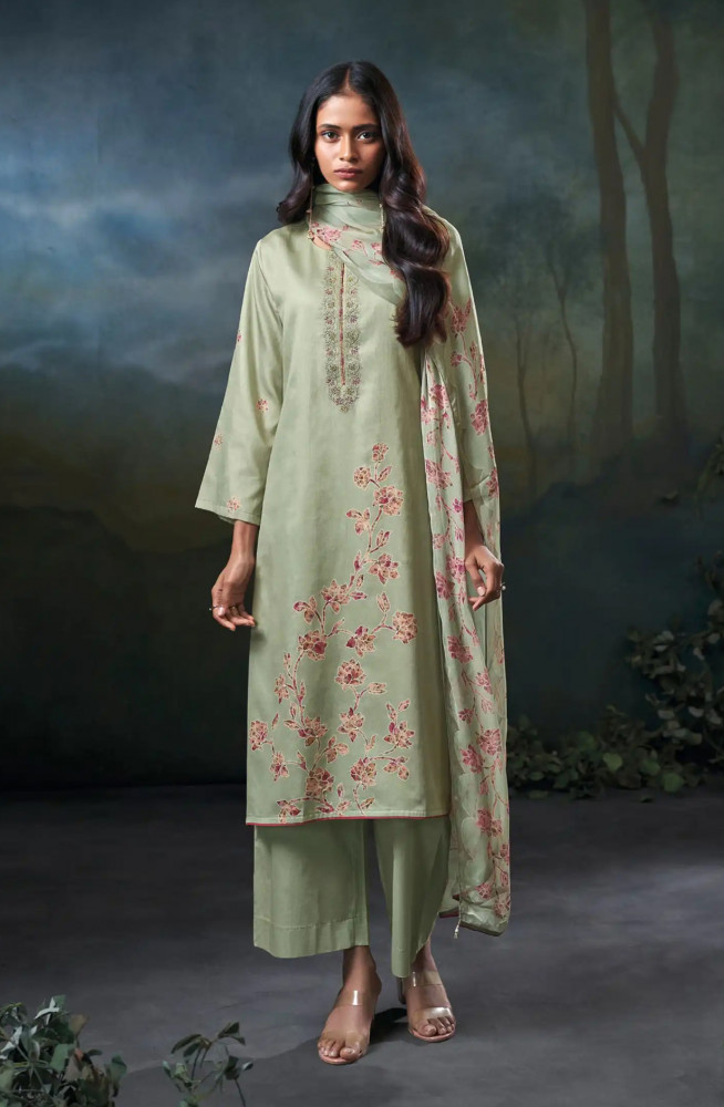 Image of Green Premium Cotton Satin Unstitched Suit Set with Beautiful Dupatta - JAZS5117B