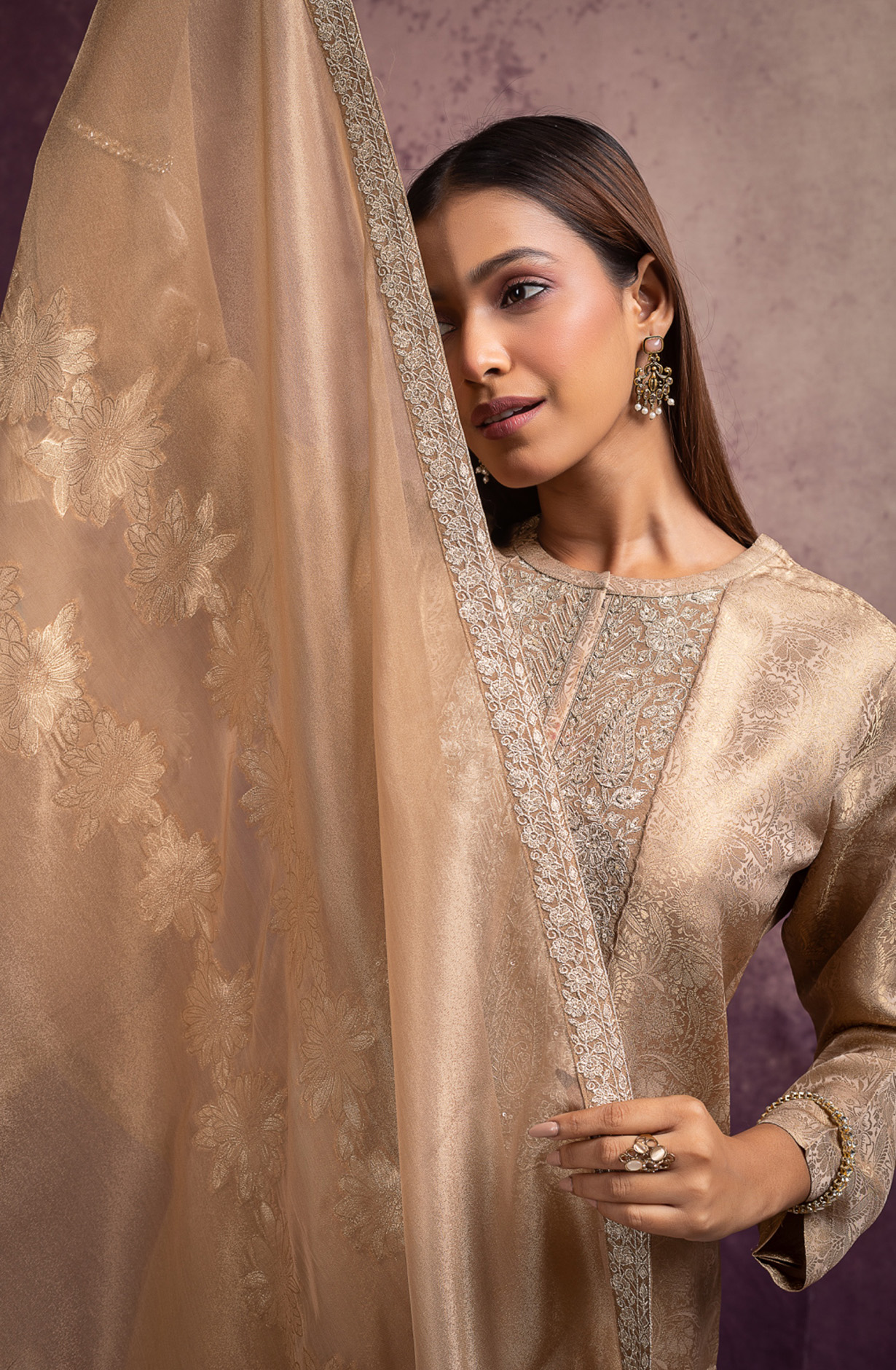 Beige Pure Silk Jacquard Suit Set with Dupatta - MIS2110B
