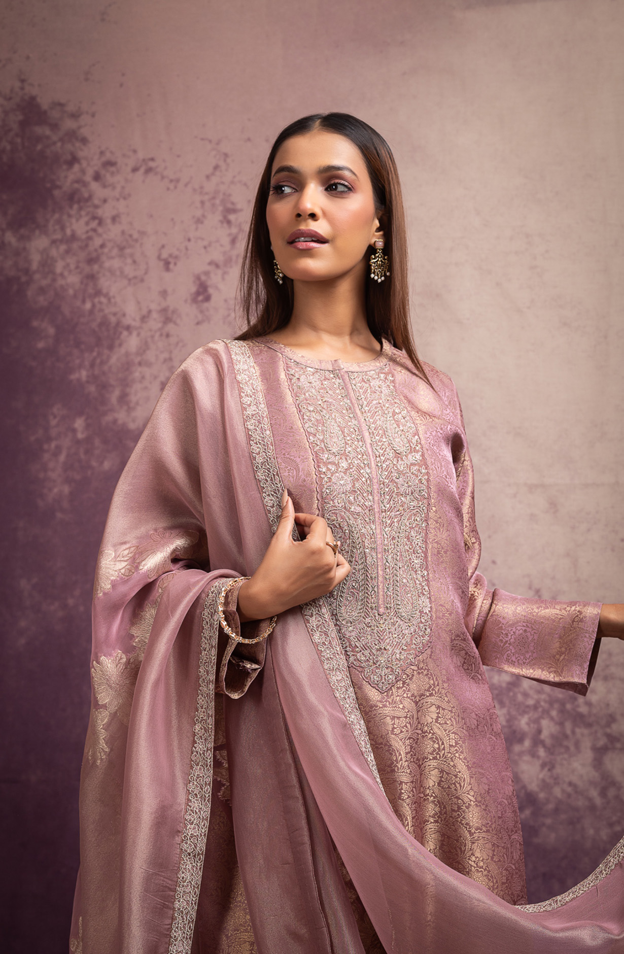 Pink Pure Silk Jacquard Suit Set with Dupatta - MIS2110A