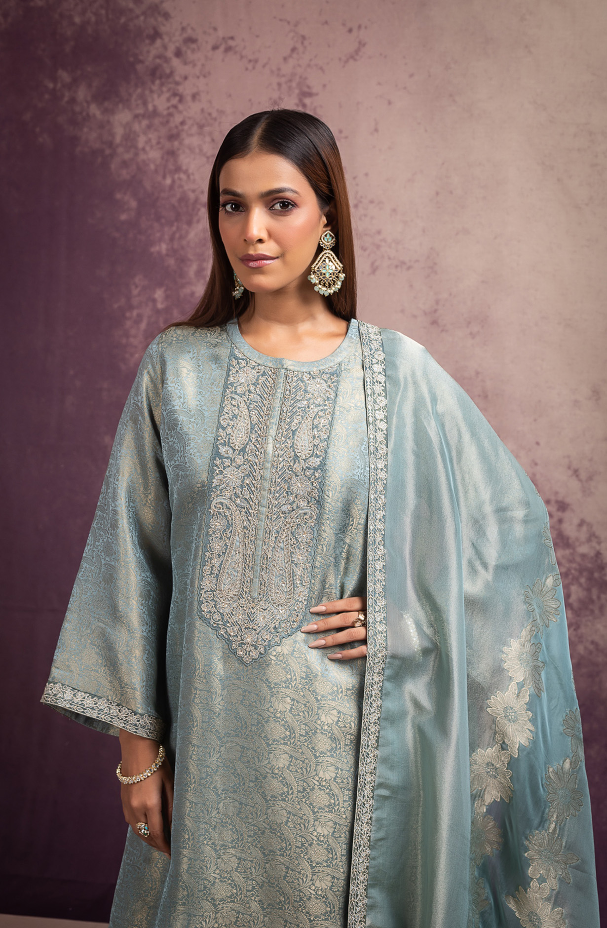 Blue Pure Silk Jacquard Suit Set with Dupatta - MIS2110C