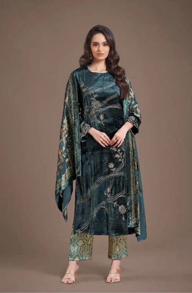 Image of Blue Pure Viscose Velvet Suit with Dupatta - RIT8851B