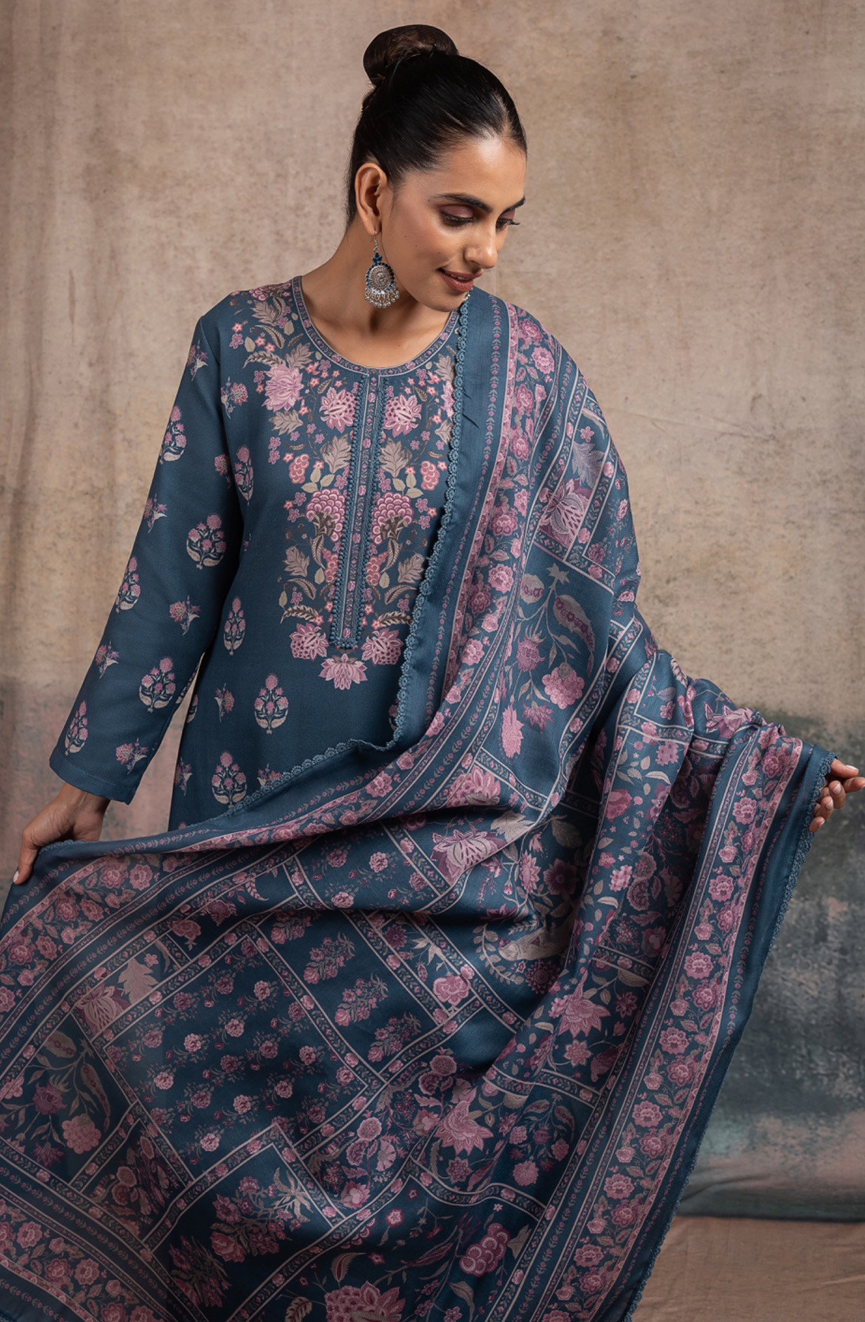 Blue Pashmina Suit set with Pashmina Dupatta- SUF2136B