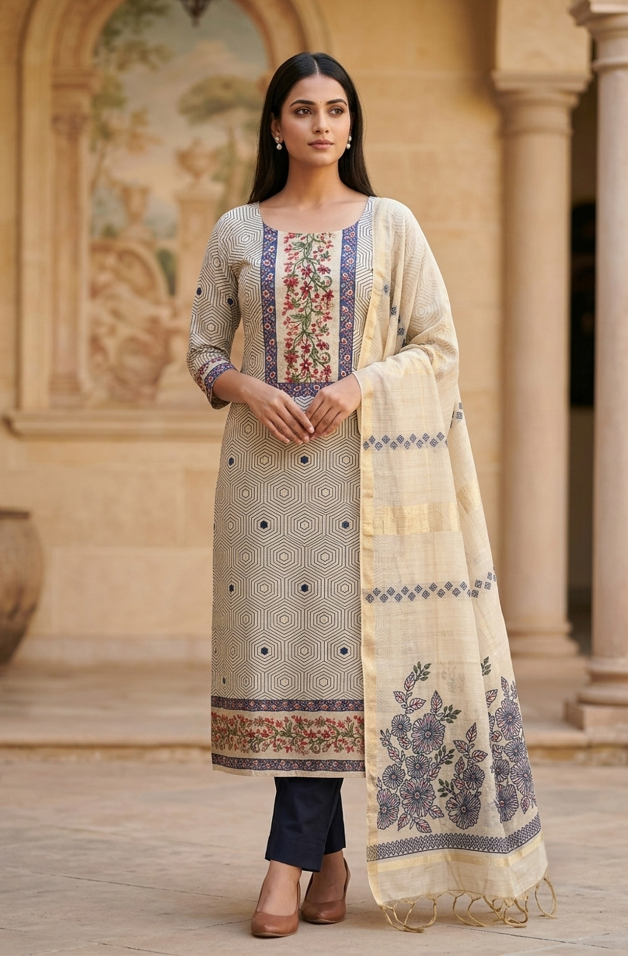 Blue Chanderi Unstitched Suit Set with Beautiful Dupatta - 985-KFS120B