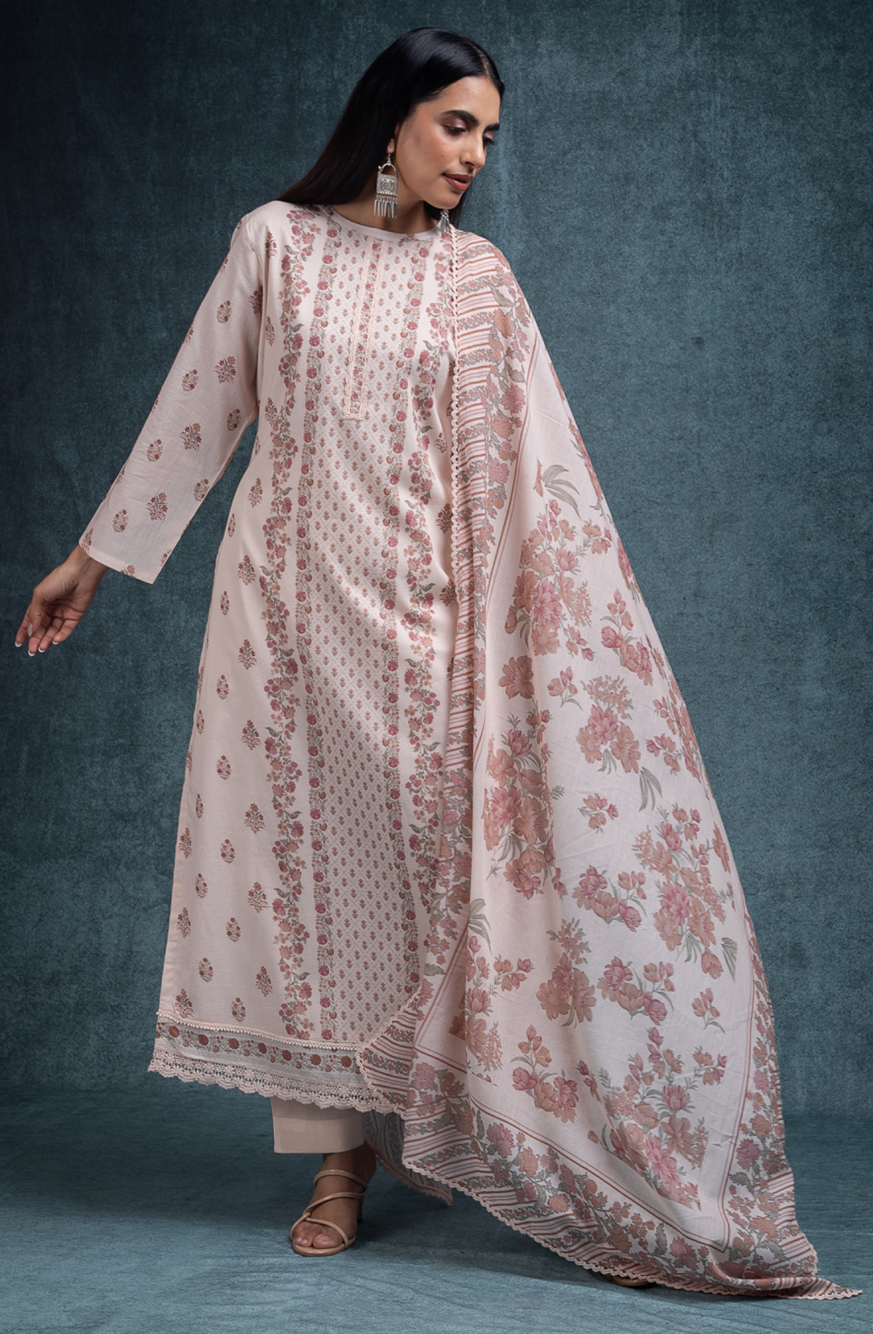 Peach Pure cotton lawn Unstitched Suit Set with Dupatta - SANNT185B