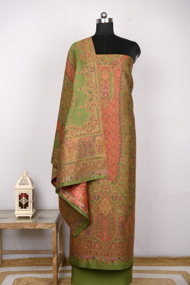 Image of Green Pashmina Suit set with Dupatta- 1000-0411F