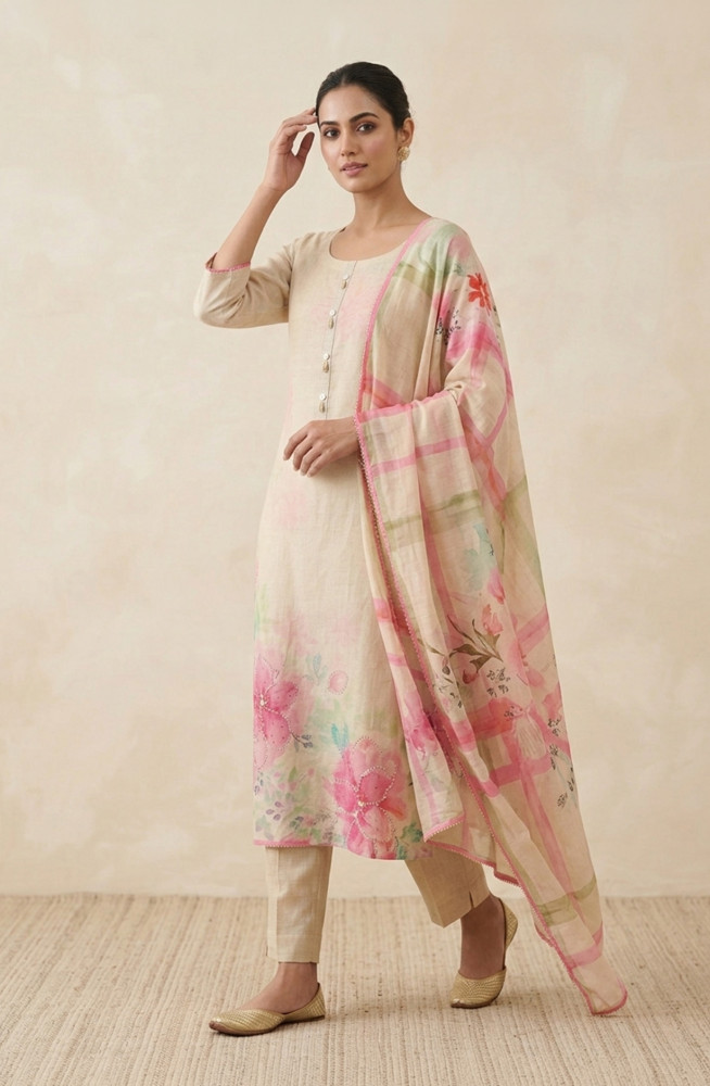 Image of Off-White Mul Chanderi Unstitched Suit Set with Beautiful Dupatta - 984-RGTS10133