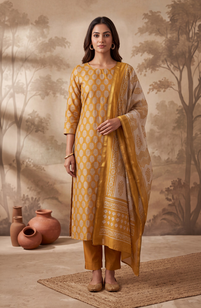Image of Mustard Mul Chanderi Unstitched Suit Set with Beautiful Dupatta - 983-6878A