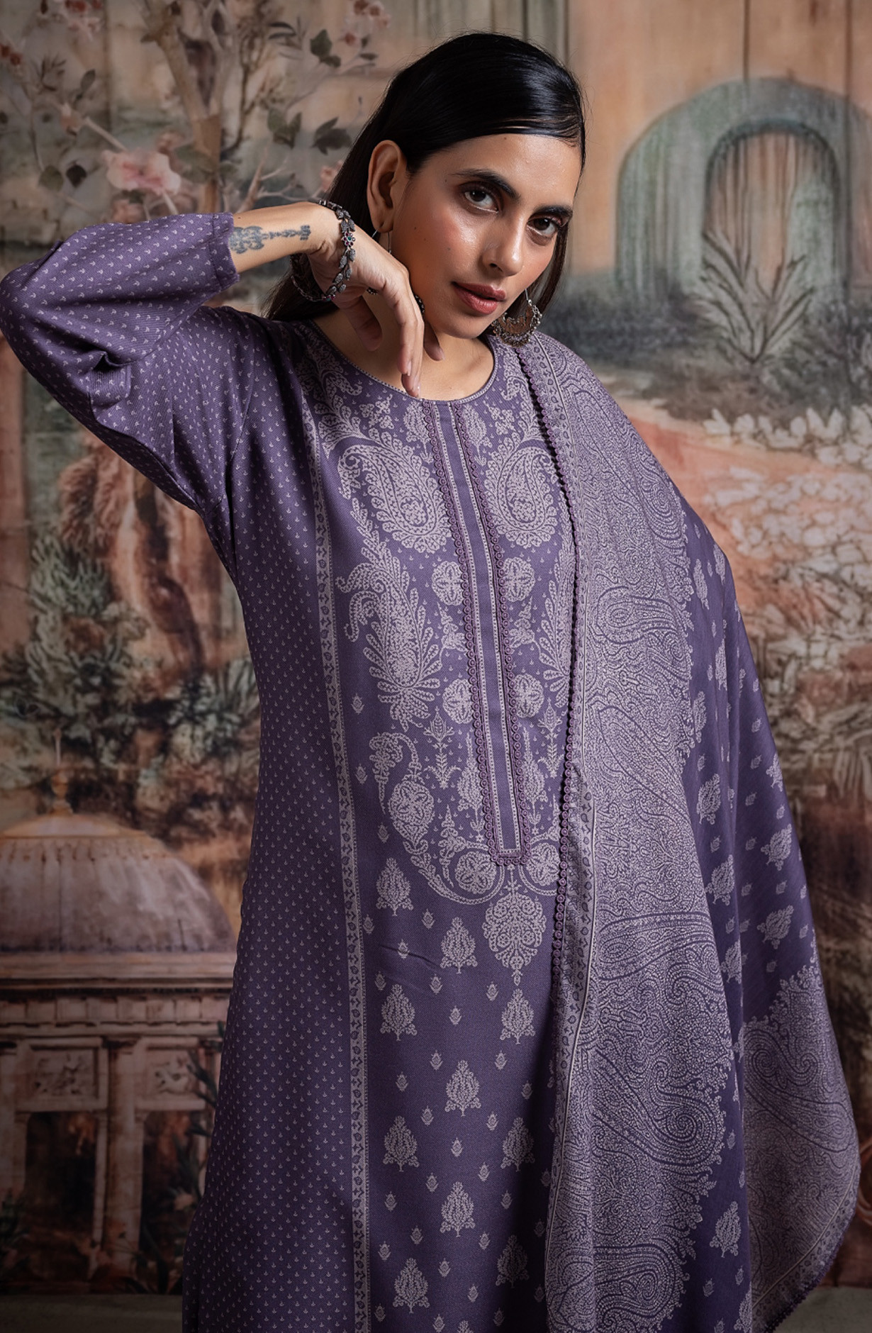Purple Pashmina Suit set with Pashmina Dupatta- SHA2097A