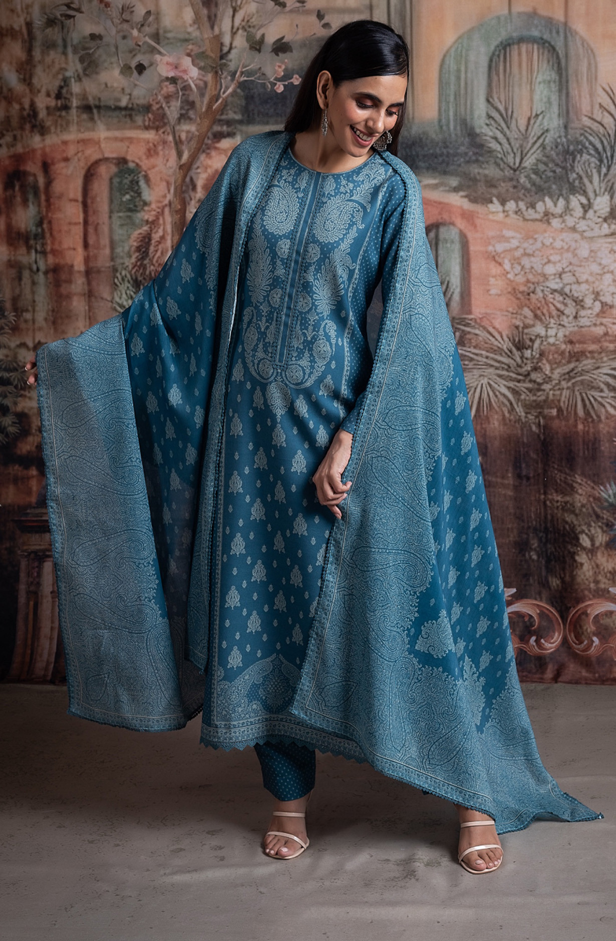 Blue Pashmina Suit set with Pashmina Dupatta- SHA2097B