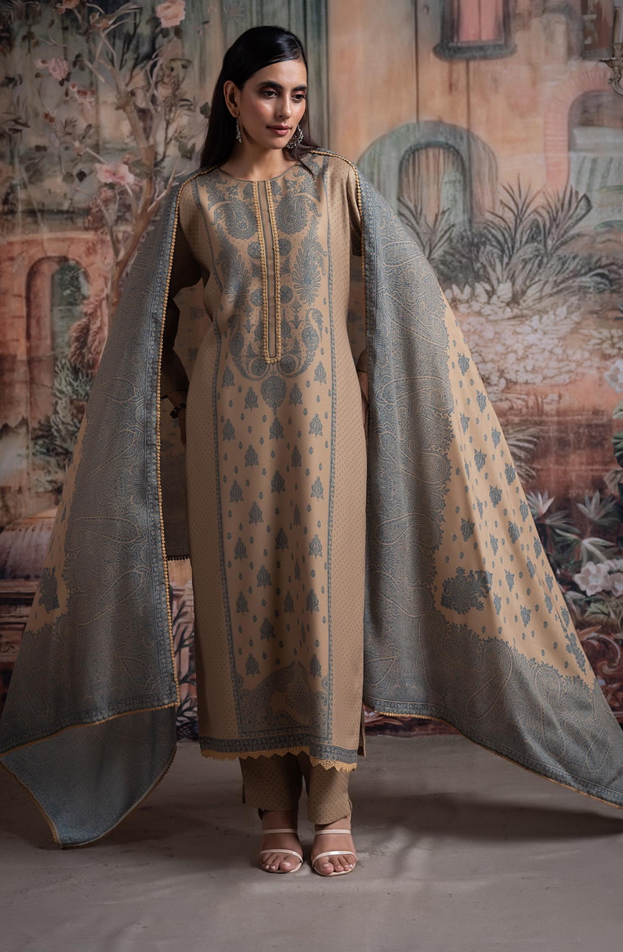 Mustard Pashmina Suit set with Pashmina Dupatta- SHA2097C