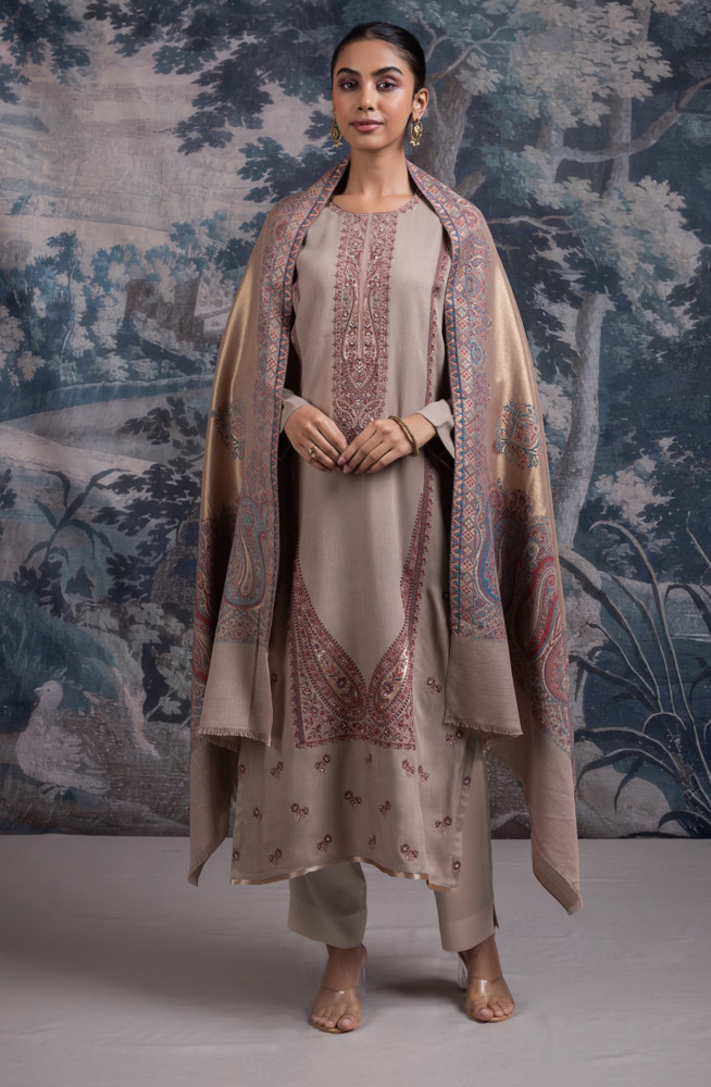 Image of Brown Pure Pashmina Suit set with Dupatta- KASH2146A