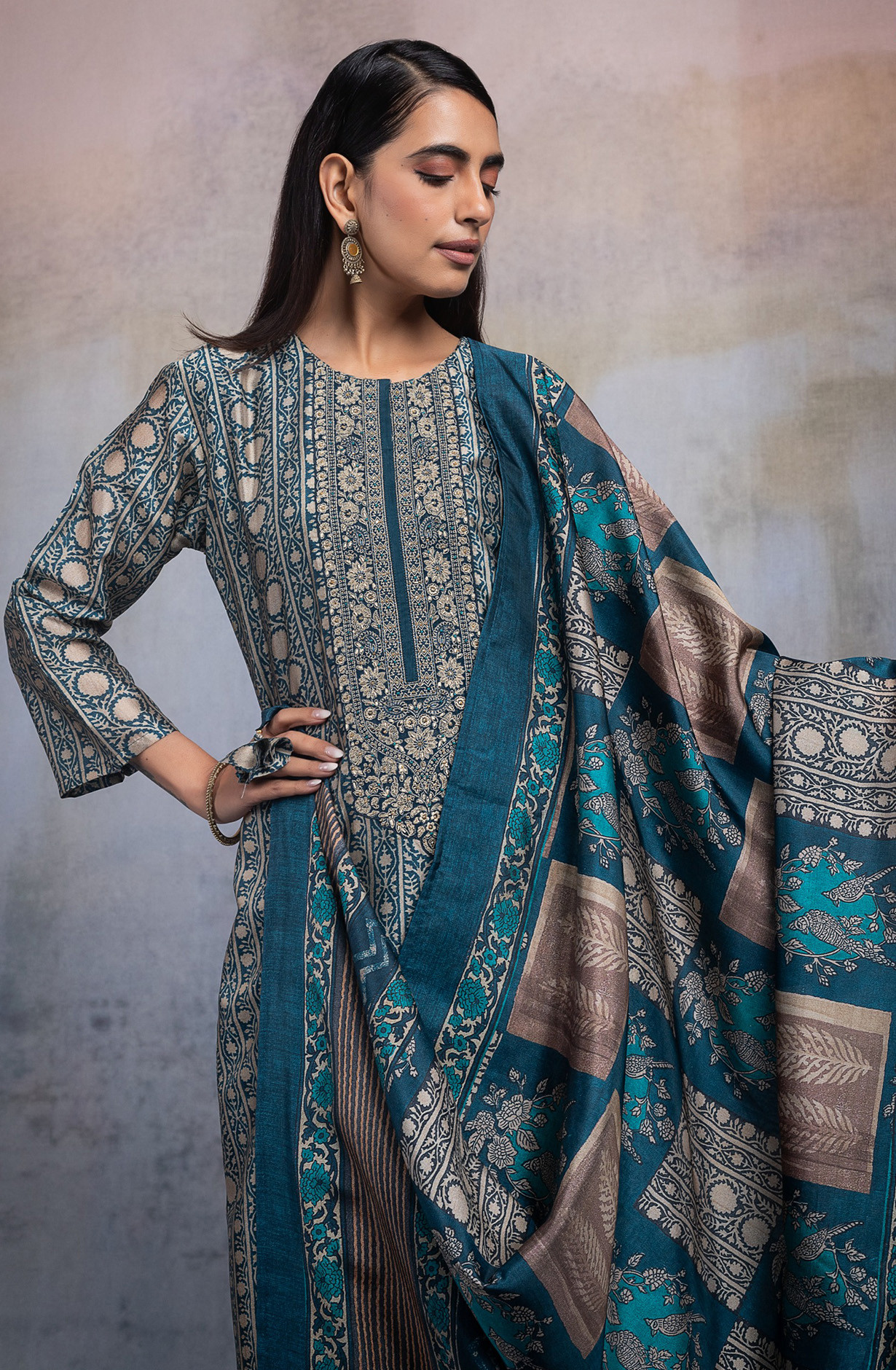 Blue Silk Embroidered Suit set with Dupatta - R157-SPR2607A