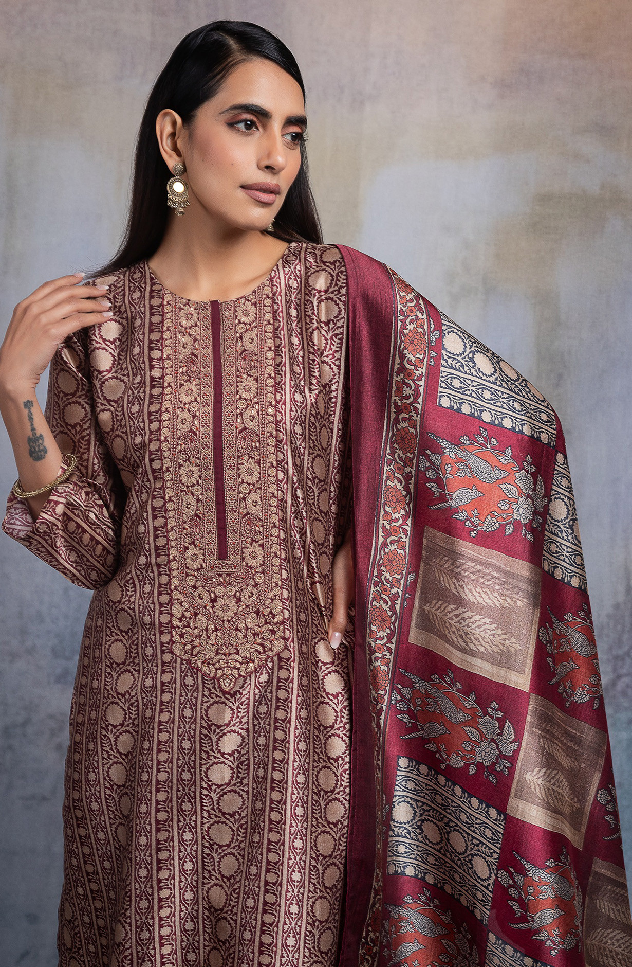 Maroon Silk Embroidered Suit set with Dupatta - R157-SPR2607B