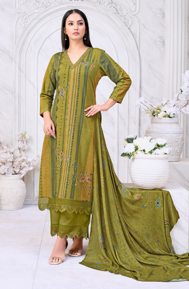 Image of Green pure corduroy Suit set with Dupatta- LAM520