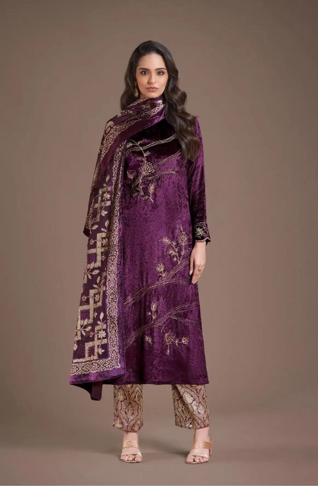 Image of Purple Pure Viscose Velvet Suit with Dupatta - RIT8851D