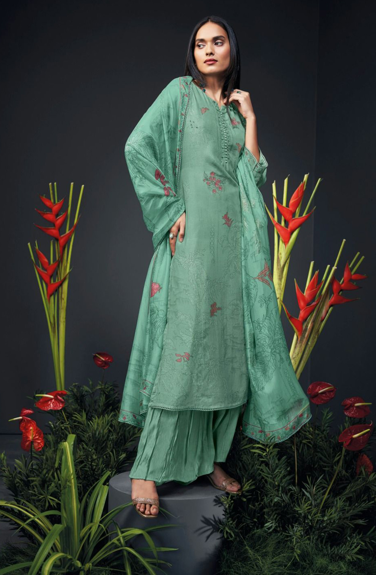 Firozee Silk Suit set with Dupatta- ZAN1692