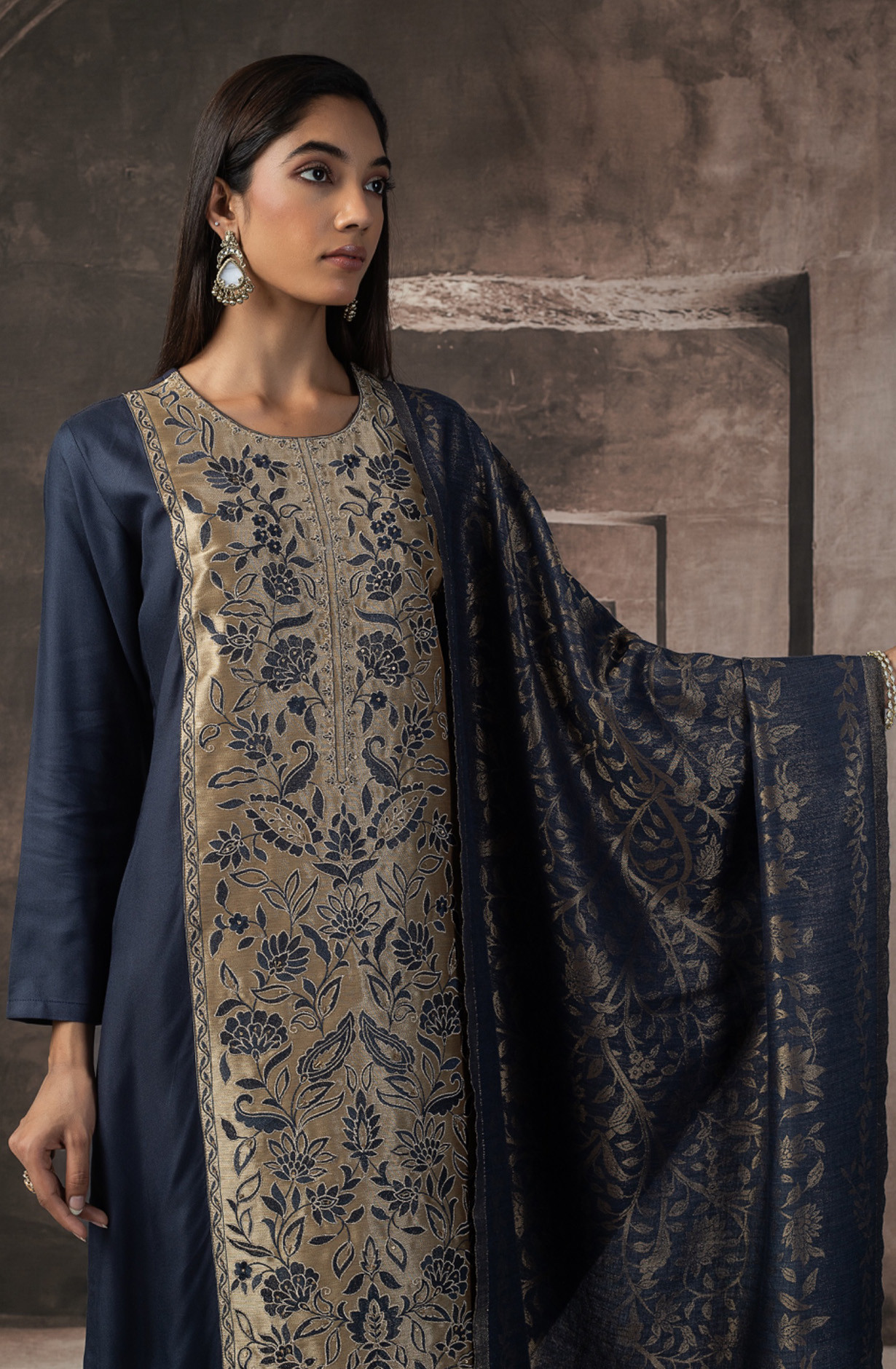 Blue Pashmina Silk Jacquard Suit set with Dupatta- ZOO2156B