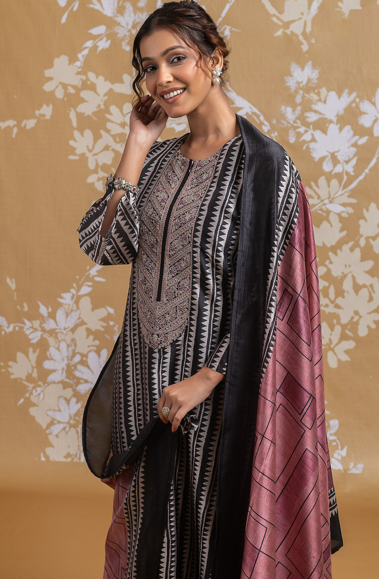 Black Silk Embroidered Suit set with Dupatta - R157-SPR2588A