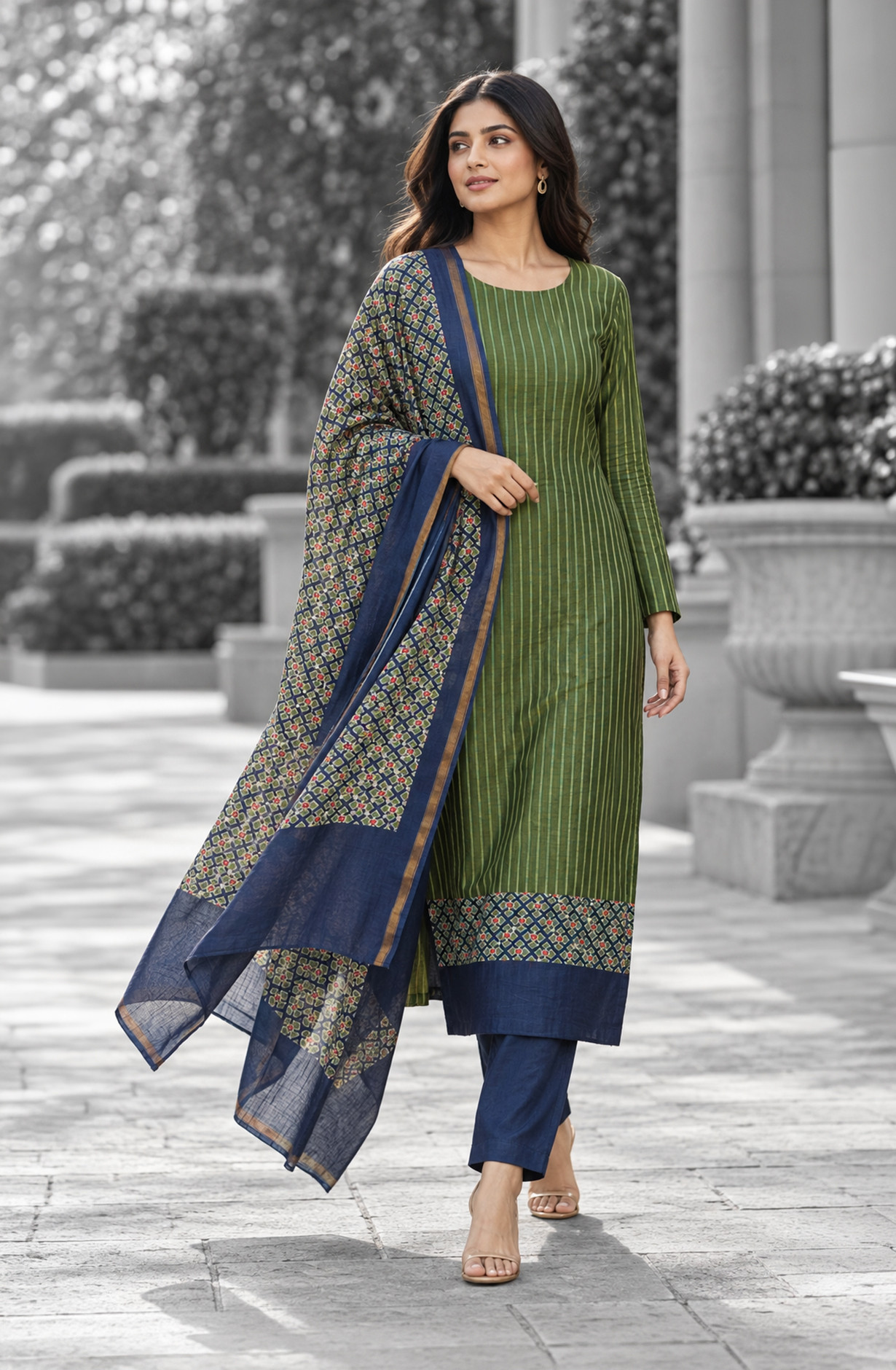 Green Maheshwari Unstitched Suit Set with Blue Dupatta - 811-S151-445-129C