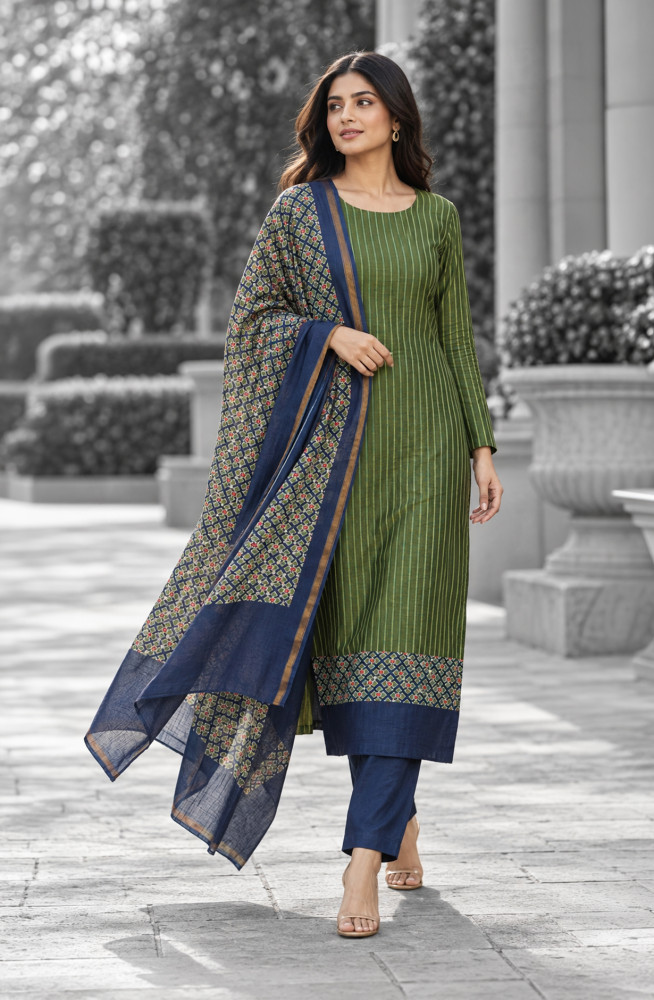 Image of Green Maheshwari Unstitched Suit Set with Blue Dupatta - 811-S151-445-129C