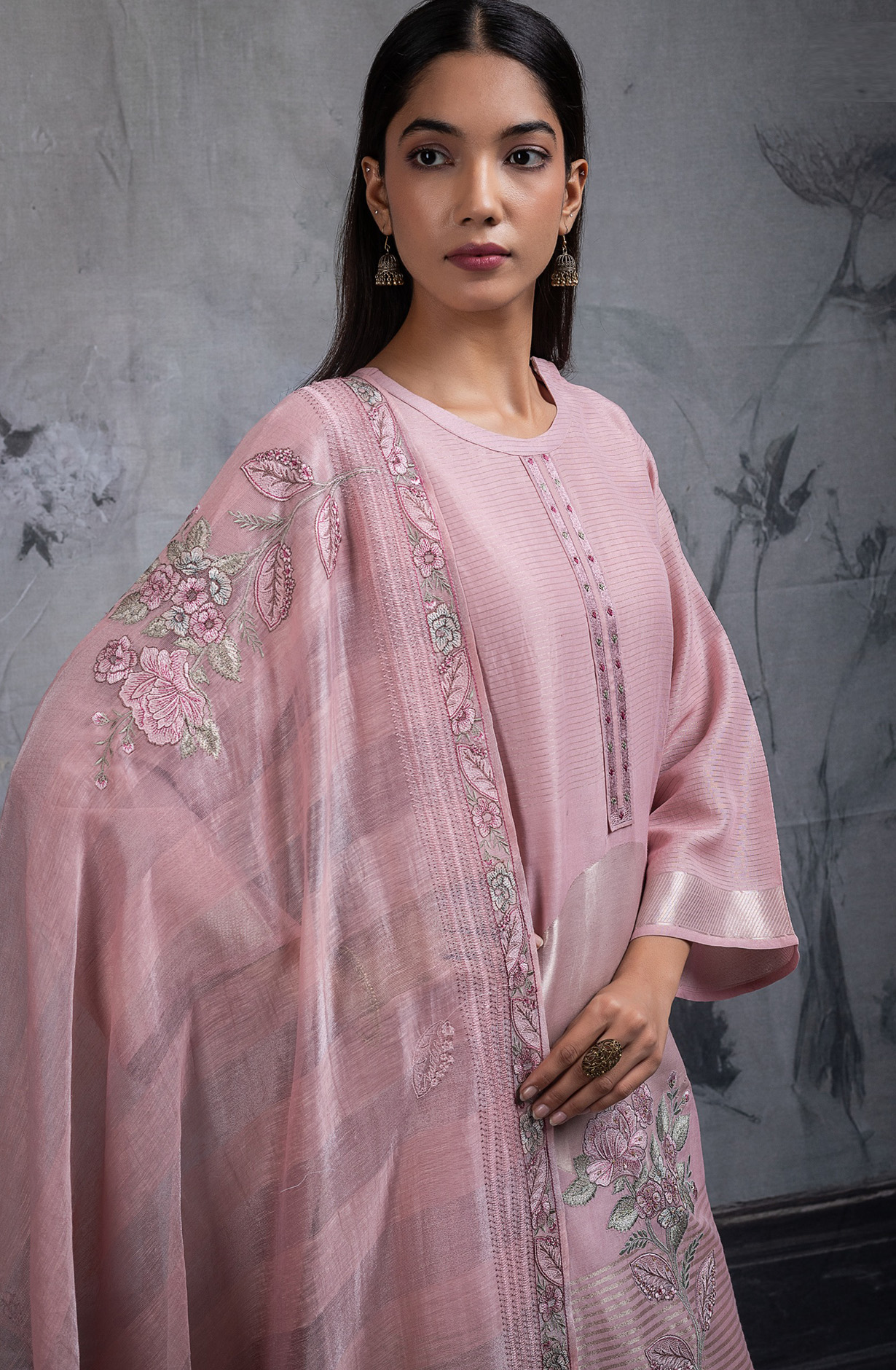 Peach Pure mul chanderi embroidered Suit Set with Dupatta - R157-SPR2697