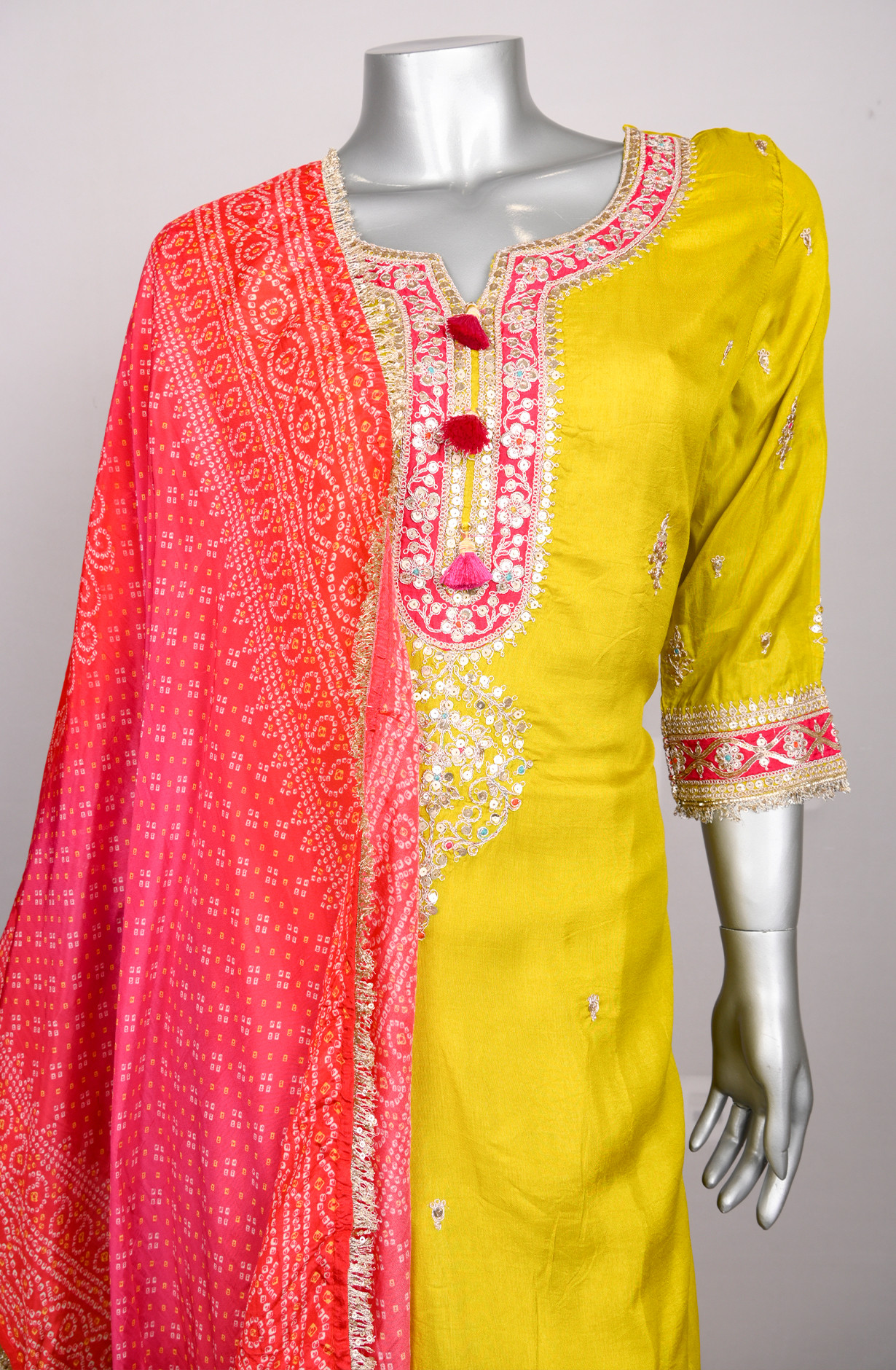 Yellow Satin Stitched Suit Set with Dupatta - 1023-1001