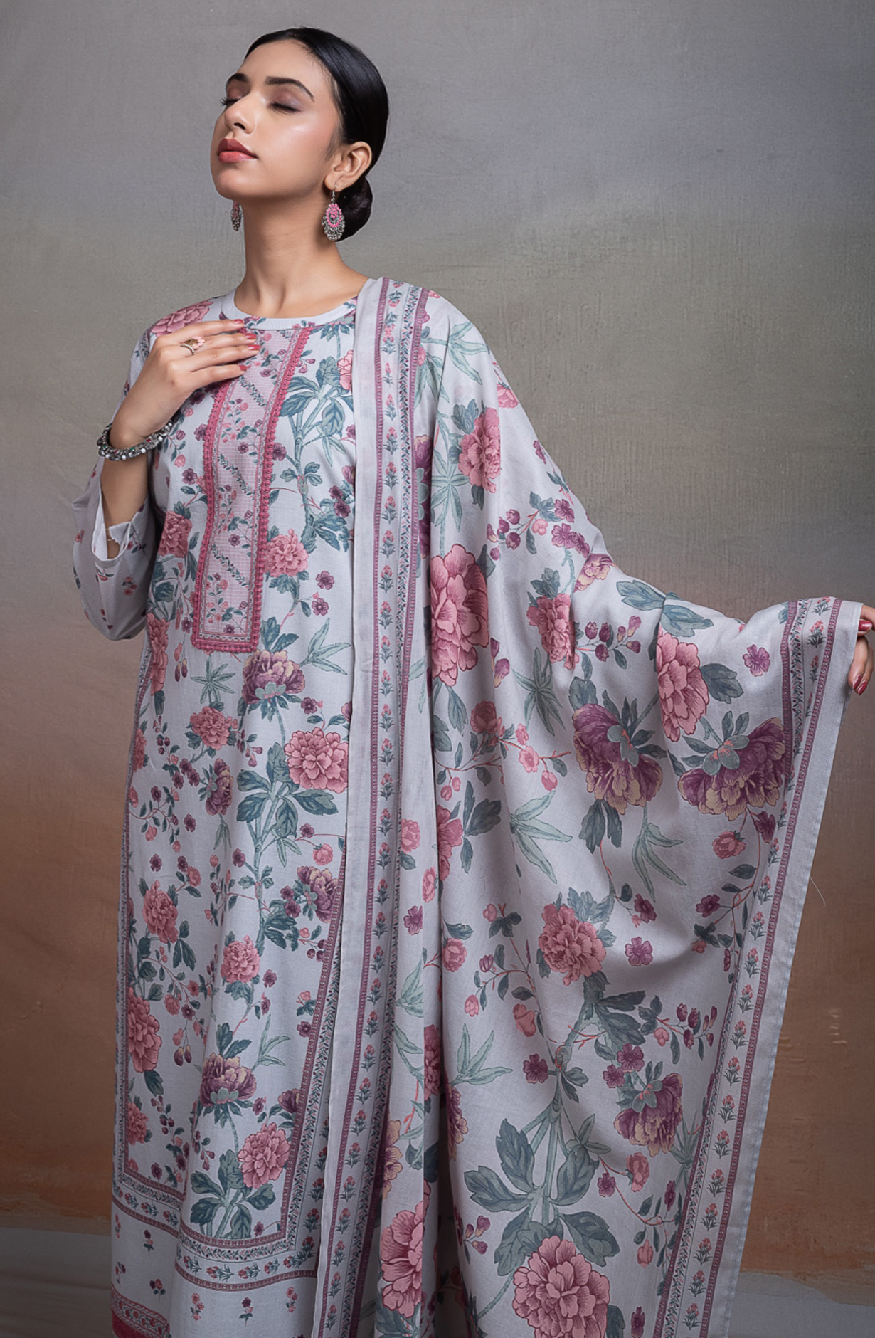 Grey Pure cotton lawn Unstitched Suit Set with Dupatta - TEENT167B
