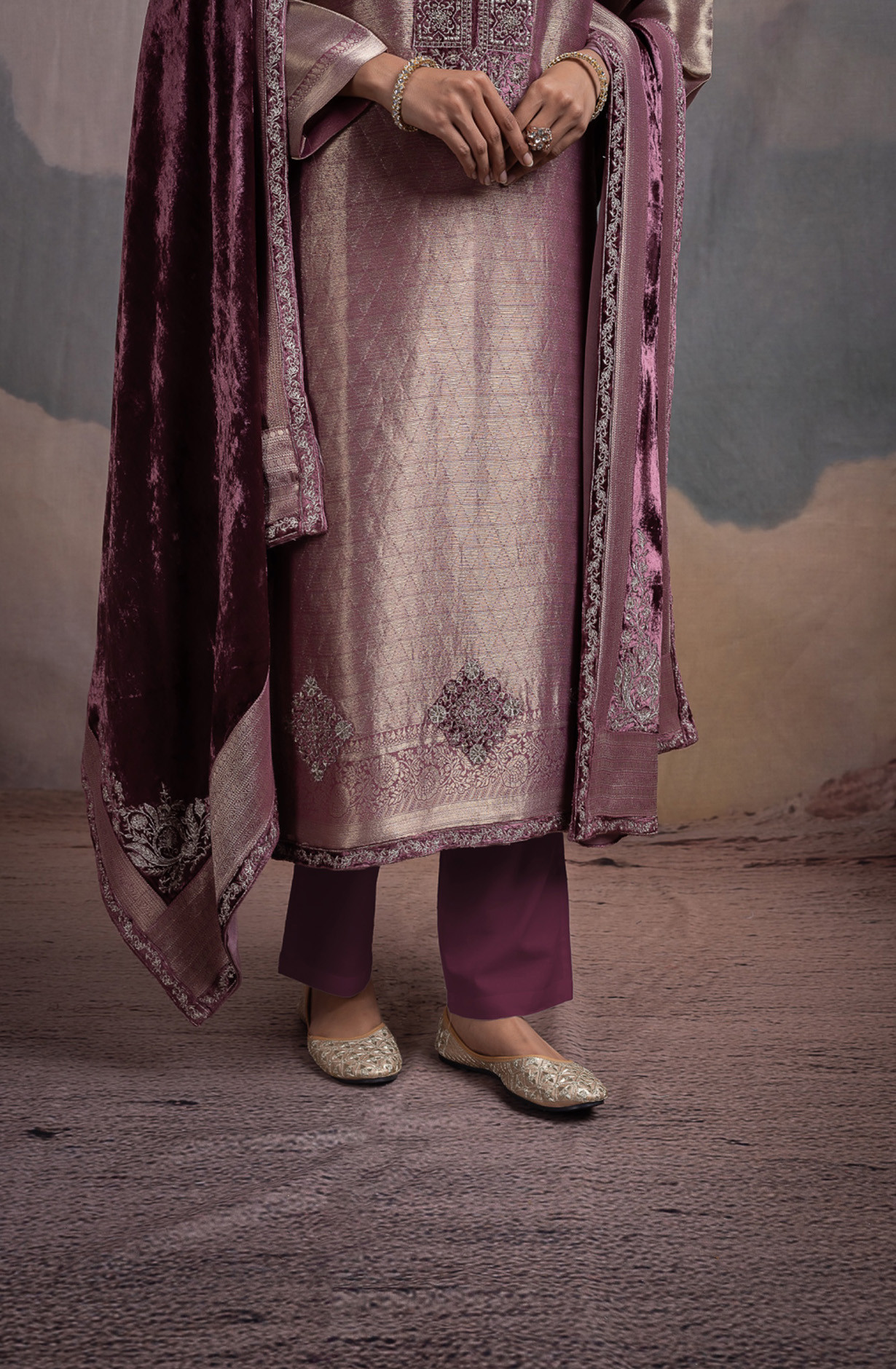 Pink Pure Silk Jacquard Suit Set with Velvet Dupatta - KAN2124A