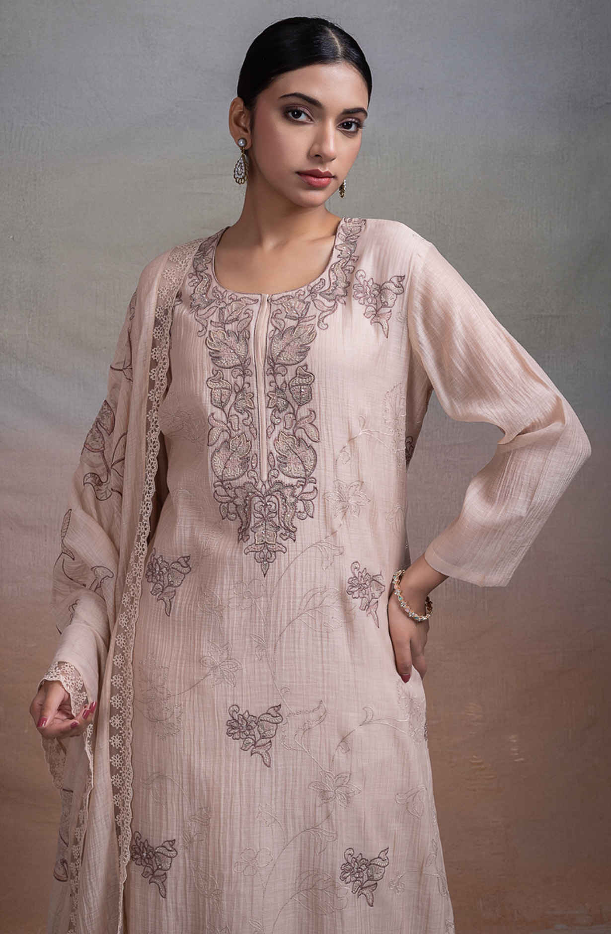 Beige Pure banarasi mul chanderi Suit Set with Dupatta - TOPNSP157A