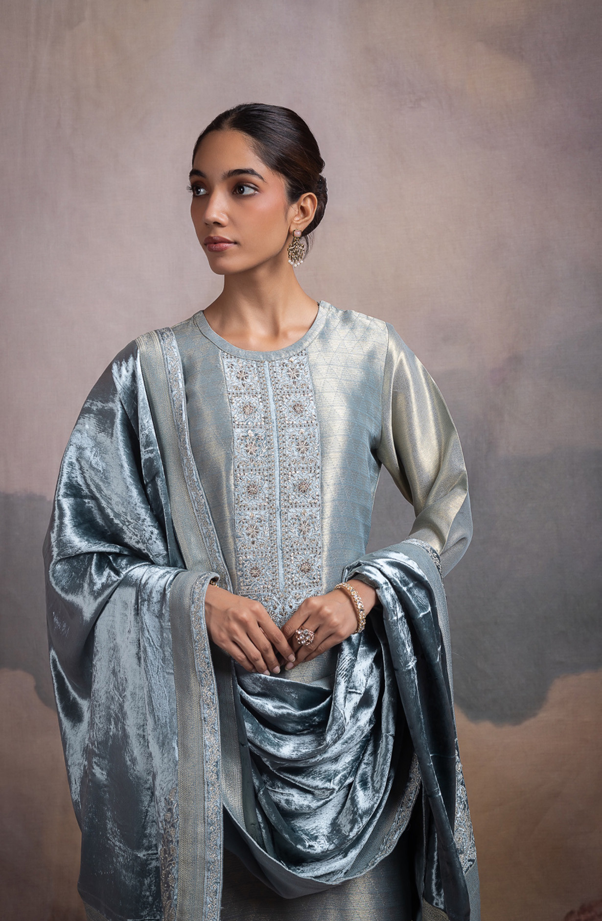 Blue Pure Silk Jacquard Suit Set with Velvet Dupatta - KAN2124C