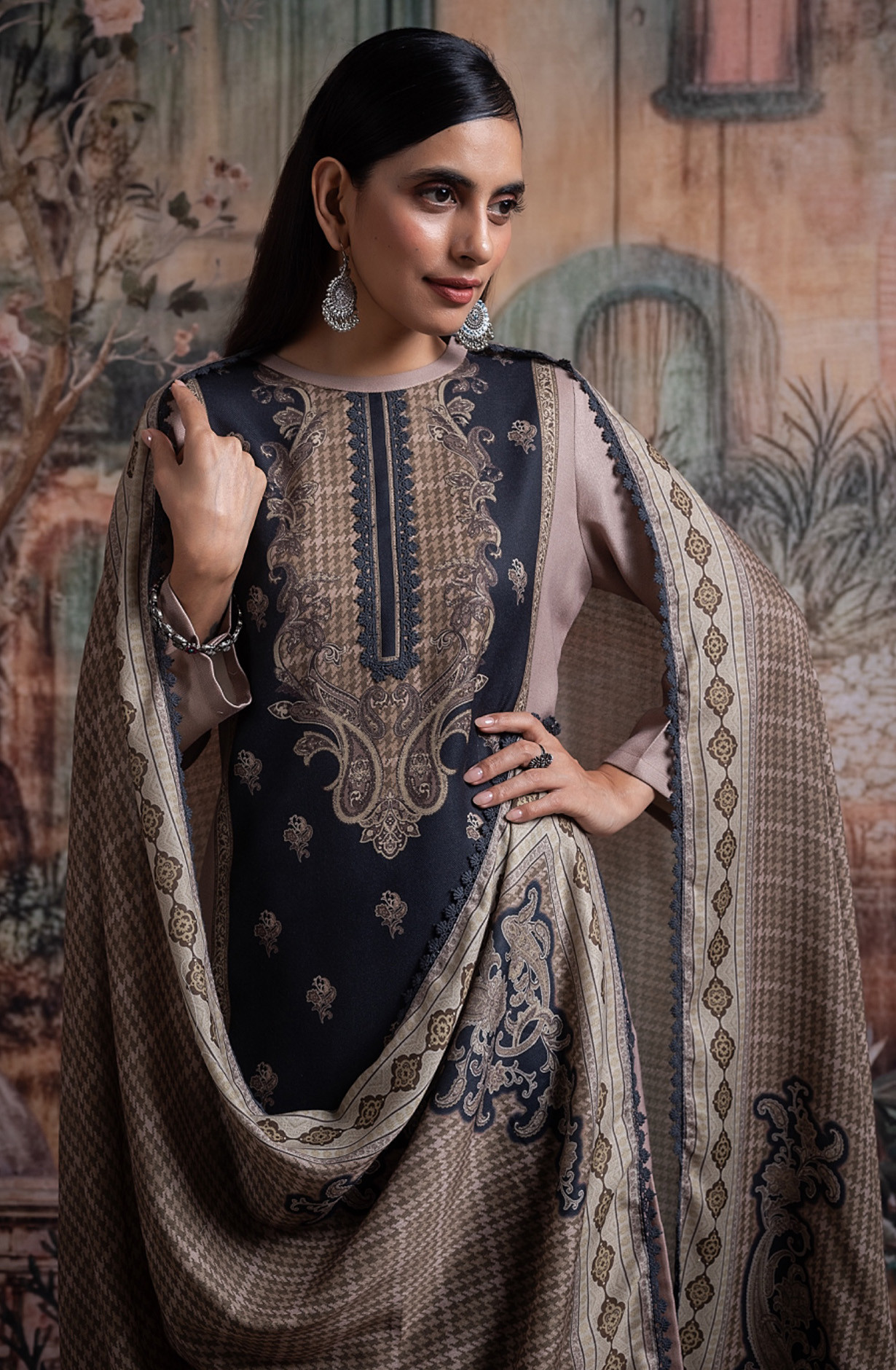 Coffee Pashmina Digital Printed Suit set with Dupatta- CHA2031B