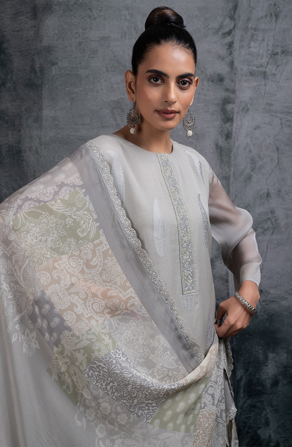 Grey Mul Chanderi Jacquard  embroidered Suit Set with Dupatta - R157-SPR2661A