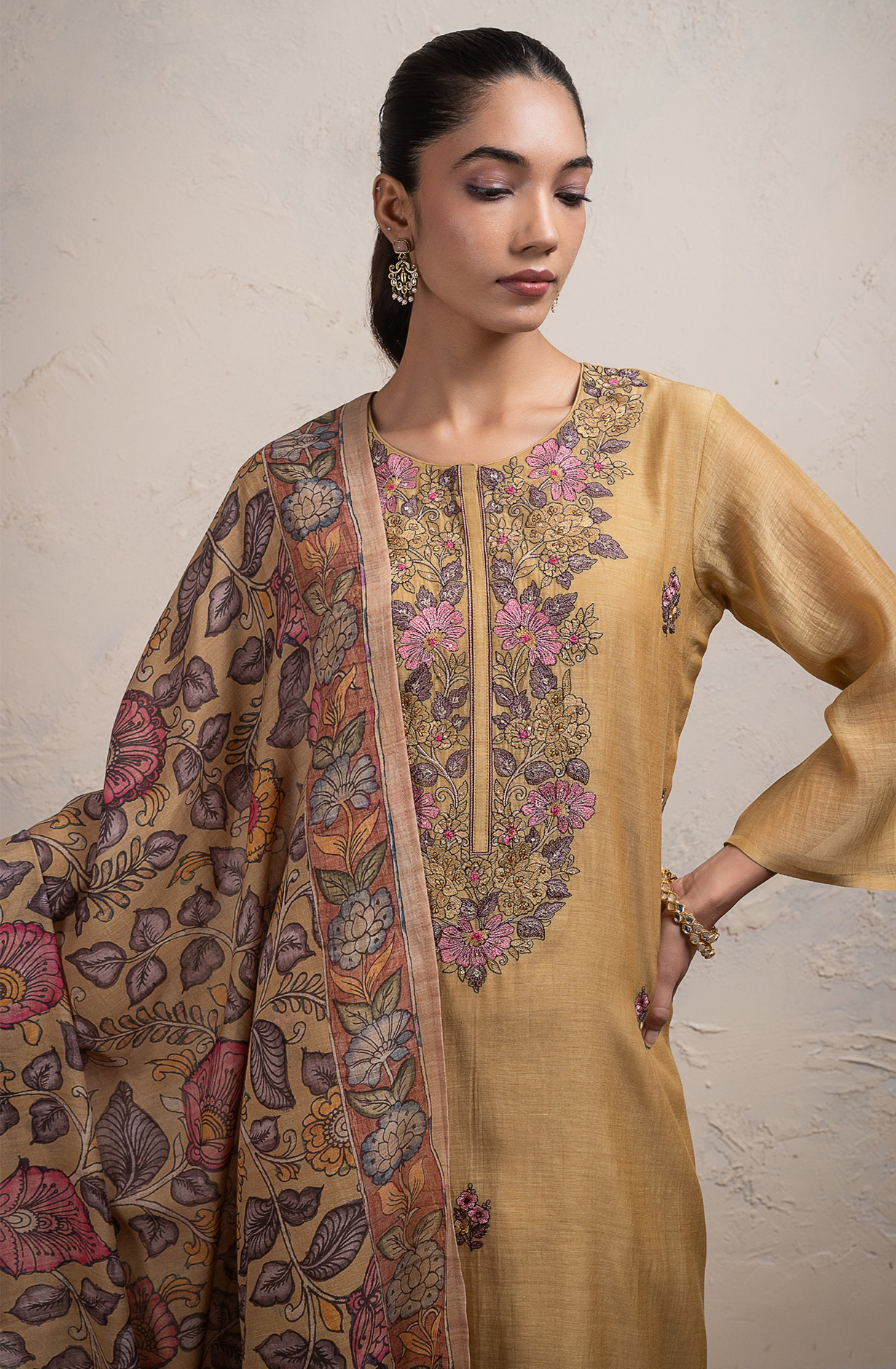 Mustard Mul Chanderi embroidered Suit Set with Dupatta - R157-SPR2709