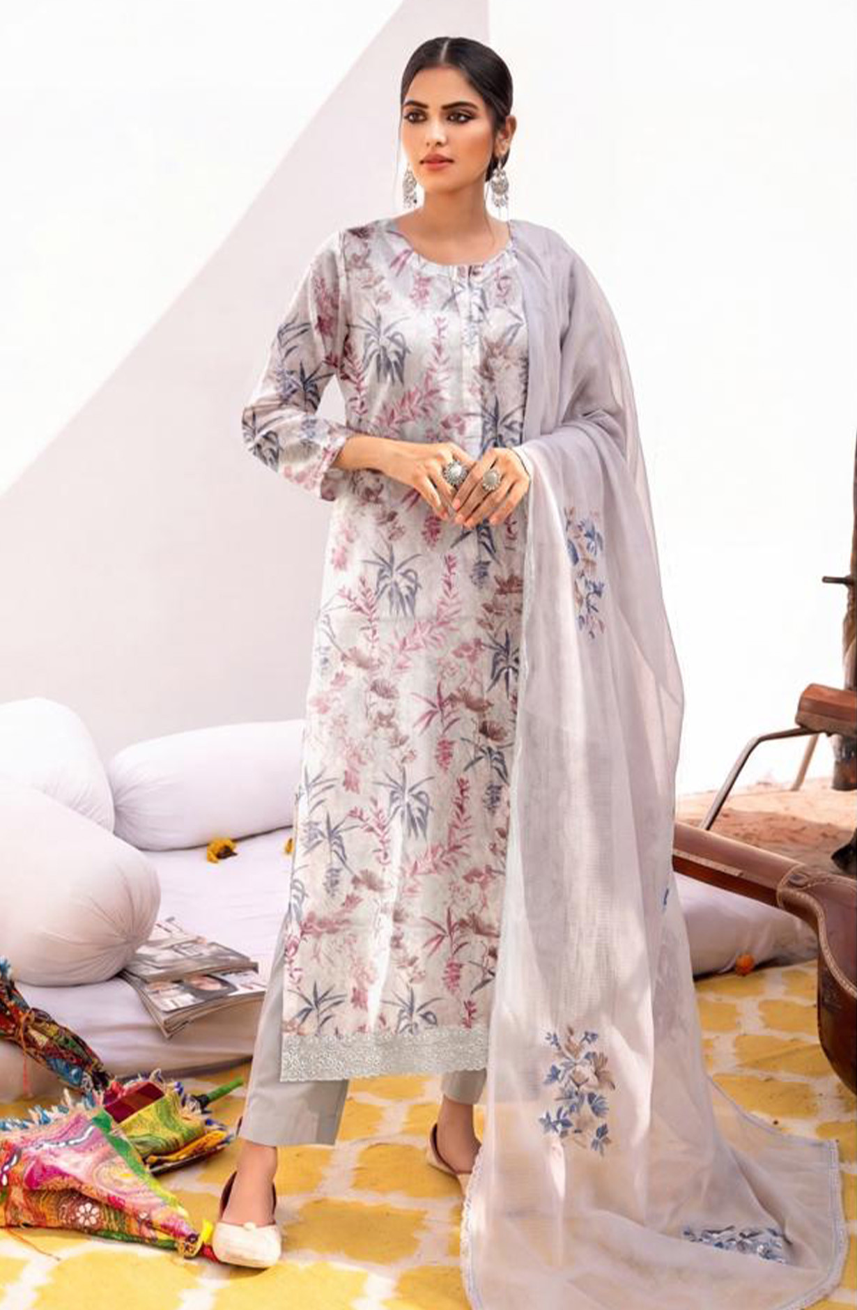 Grey Pure Cotton Lawn Beautiful Suit Set with Dupatta - MAG1004C