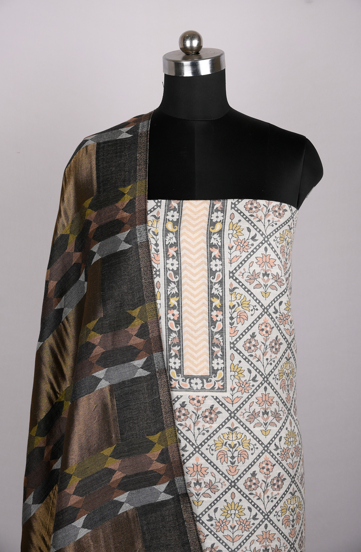 White Printed Pashmina Suit Set With Spun Dupatta - PASH1406