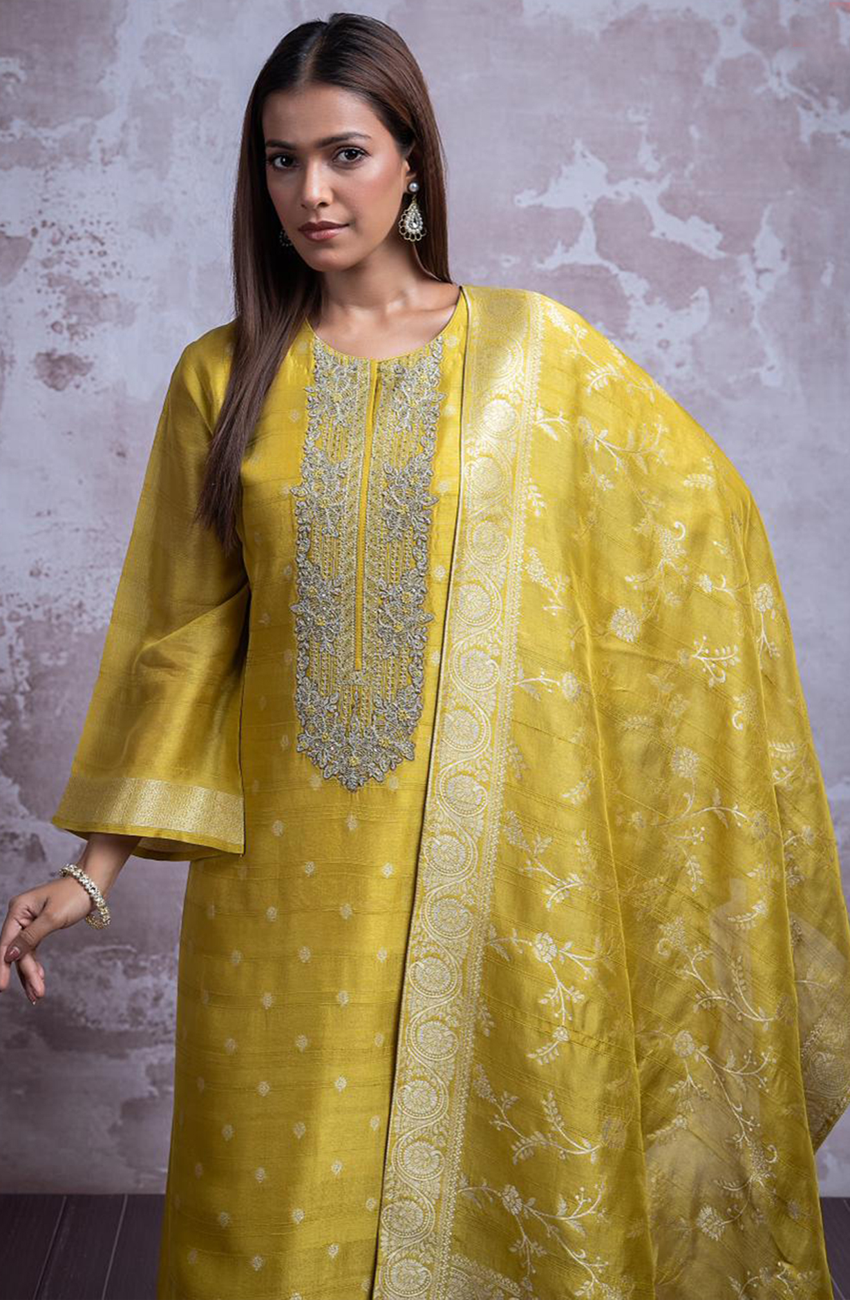 Yellow silk Jacquard Suit Set with Dupatta - R157-SPR2355A