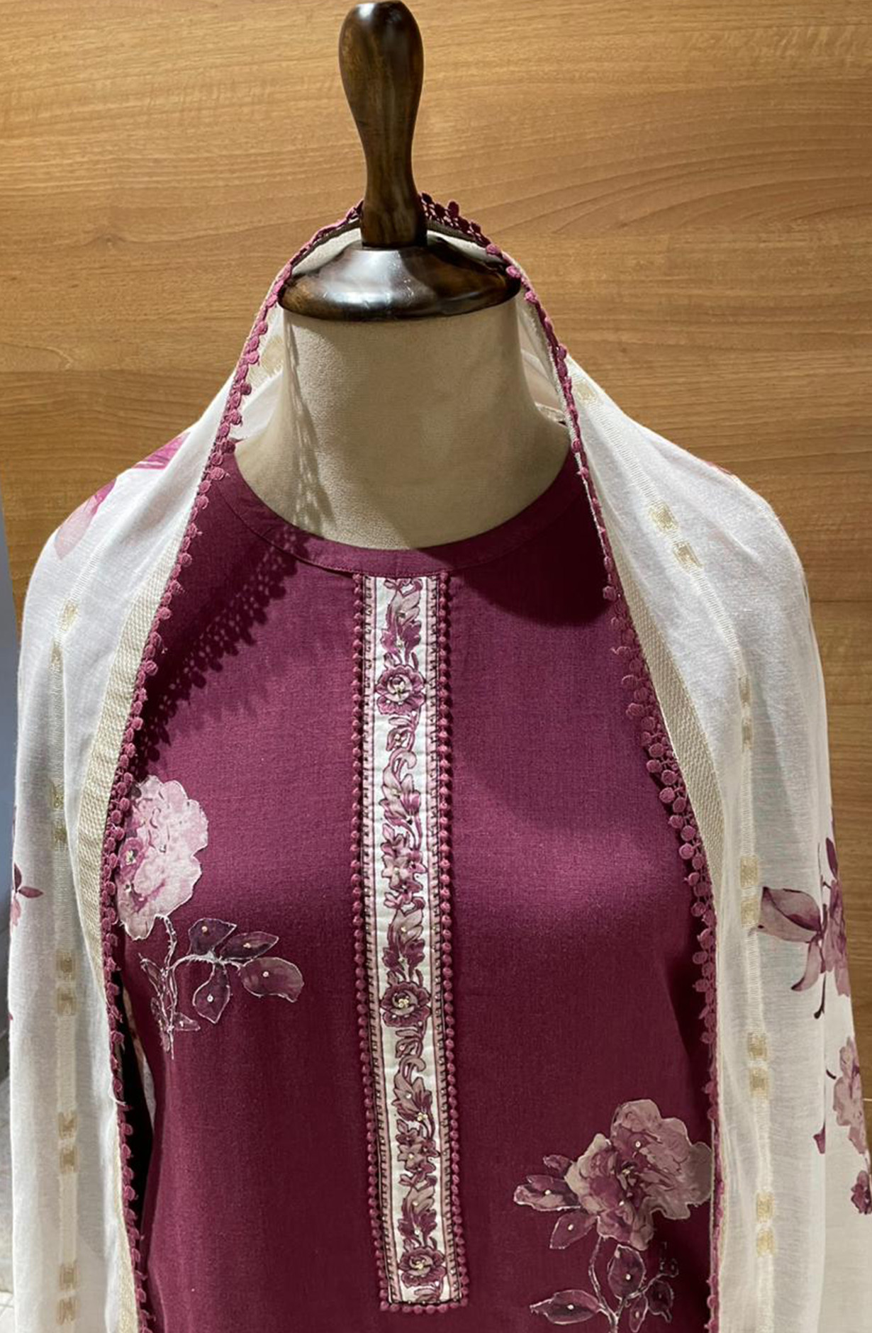 Wine Pure cotton linen beautiful Suit Set with Dupatta - MIRNT119B