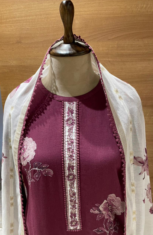 Image of Wine Pure cotton linen beautiful Suit Set with Dupatta - MIRNT119B
