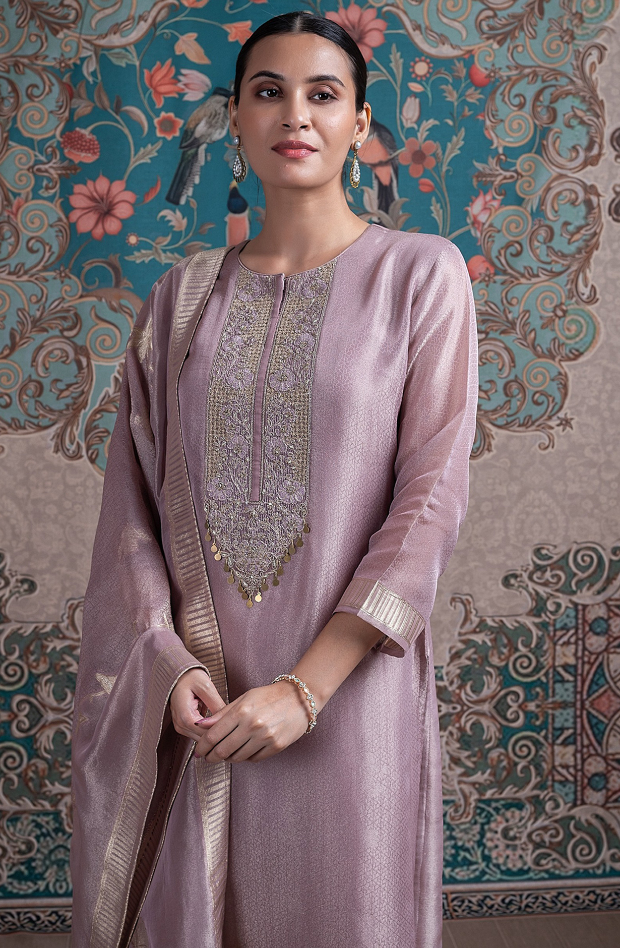 Mauve silk tissue Jacquard Suit Set with Dupatta - R157-SPR2357A