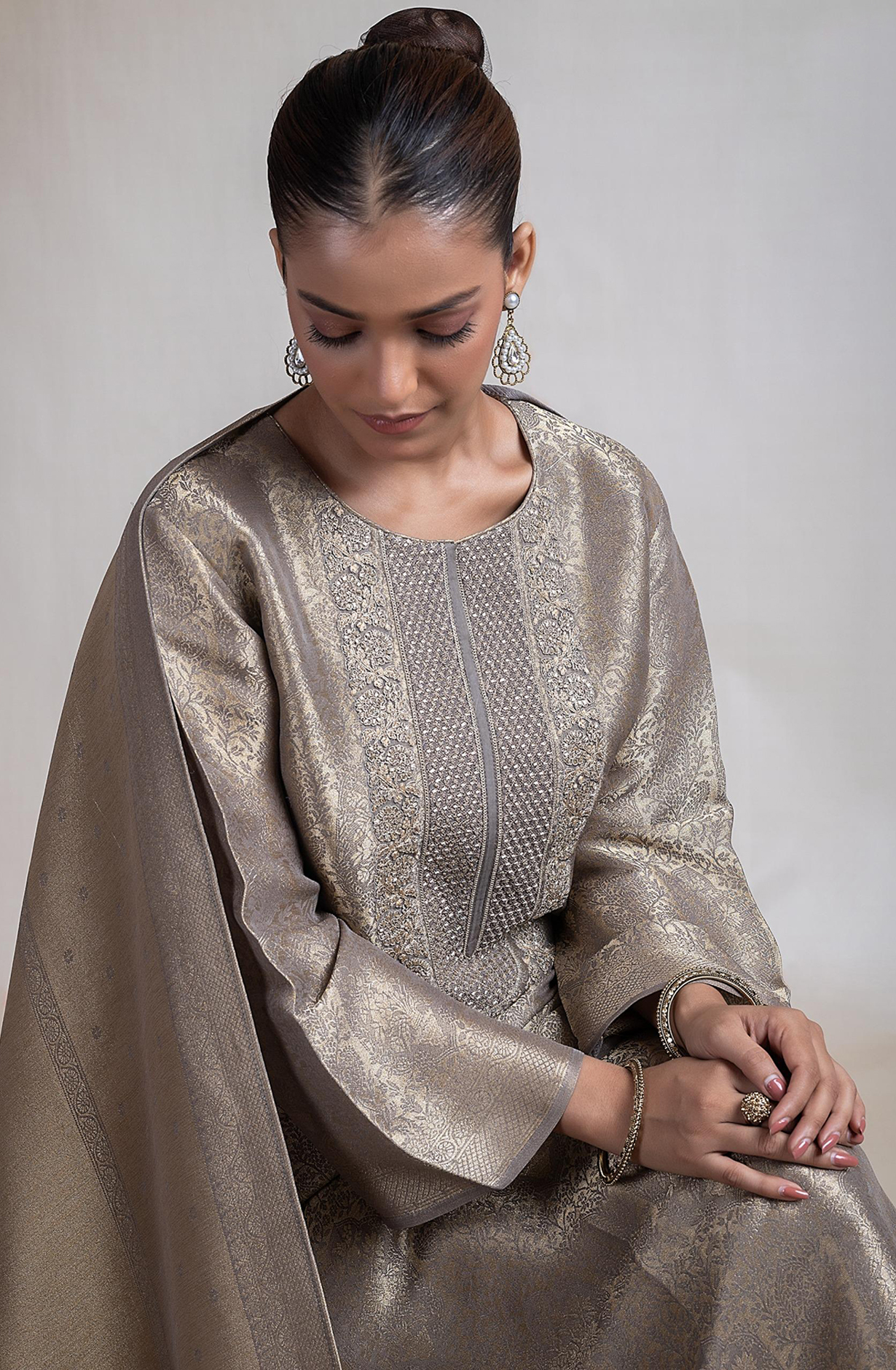 Golden silk tissue Jacquard Suit Set with Dupatta - R157-SPR2387A